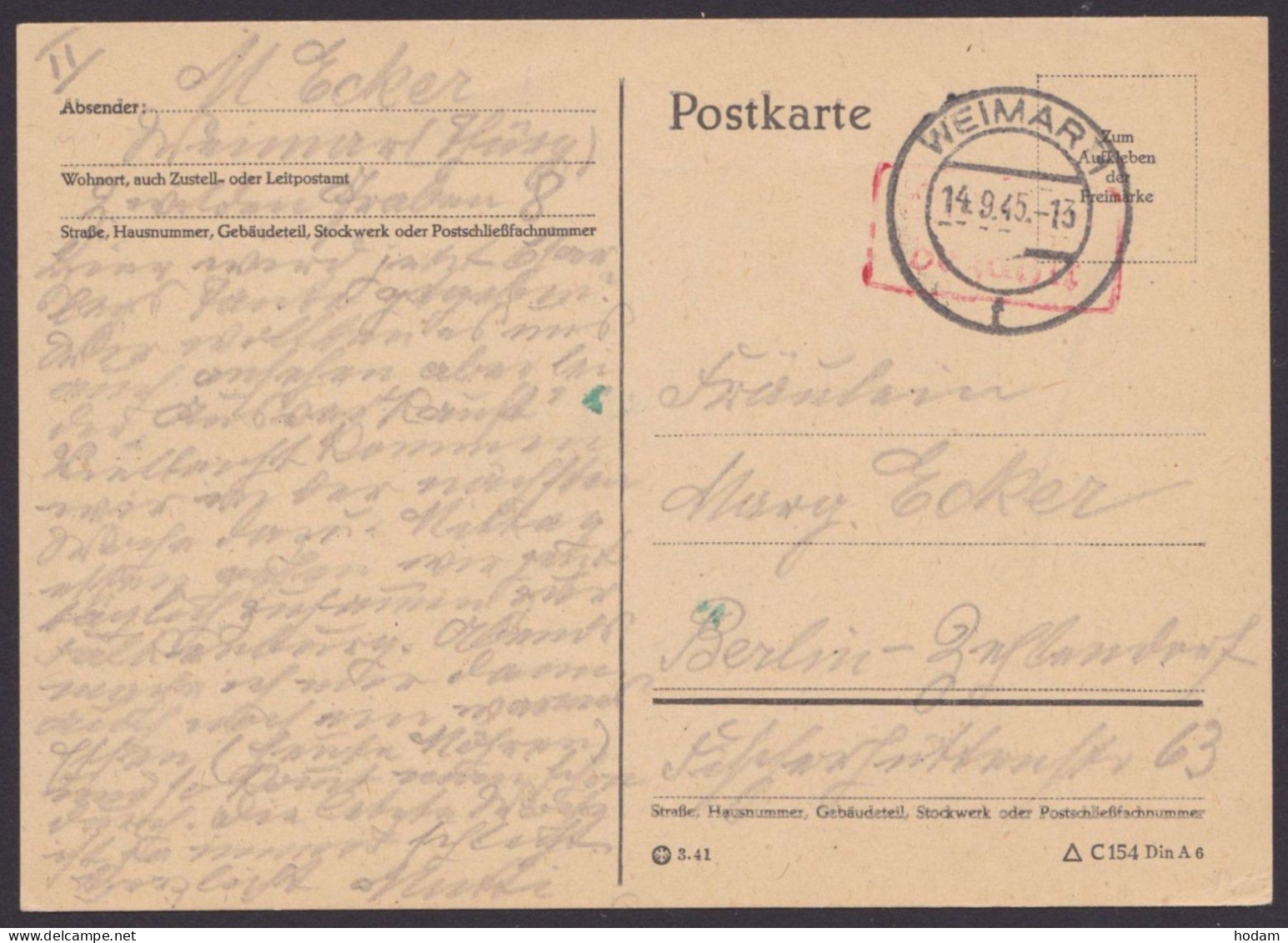 Weimar: Bedarfskarte, O, Roter Ra "Gebühr Bezahlt", 14.9.45 - Lettres & Documents