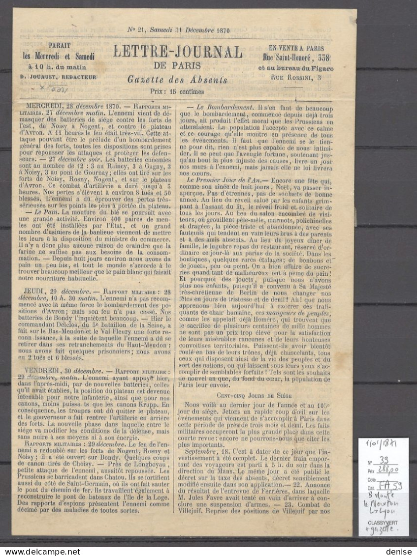 France - Ballon Monté - LE NEWTON - 01/01/1871 Pour Lyon  + Gazette - War 1870