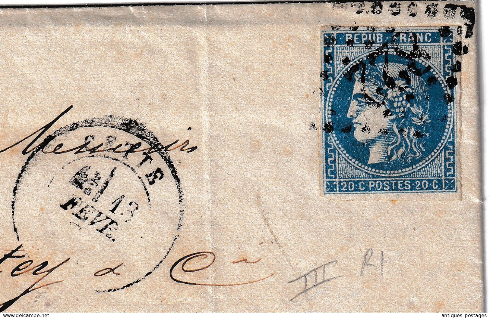 Lettre 1871 Cette Sète Hérault Crédit Cettois Signé Cérès 20 Centimes Émission De Bordeaux Périgueux Dordogne Courtey - 1870 Emission De Bordeaux