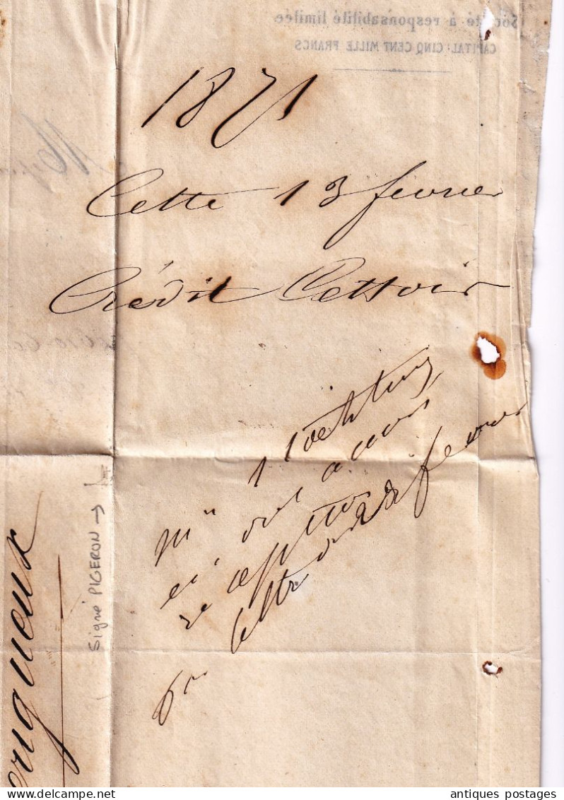 Lettre 1871 Cette Sète Hérault Crédit Cettois Signé Cérès 20 Centimes Émission de Bordeaux Périgueux Dordogne Courtey