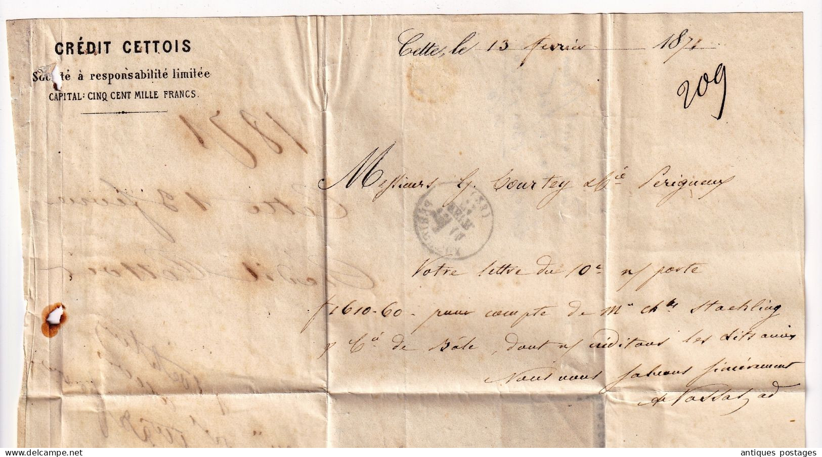 Lettre 1871 Cette Sète Hérault Crédit Cettois Signé Cérès 20 Centimes Émission de Bordeaux Périgueux Dordogne Courtey