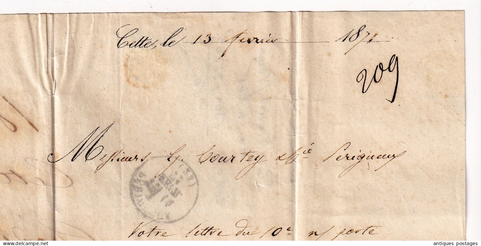 Lettre 1871 Cette Sète Hérault Crédit Cettois Signé Cérès 20 Centimes Émission de Bordeaux Périgueux Dordogne Courtey