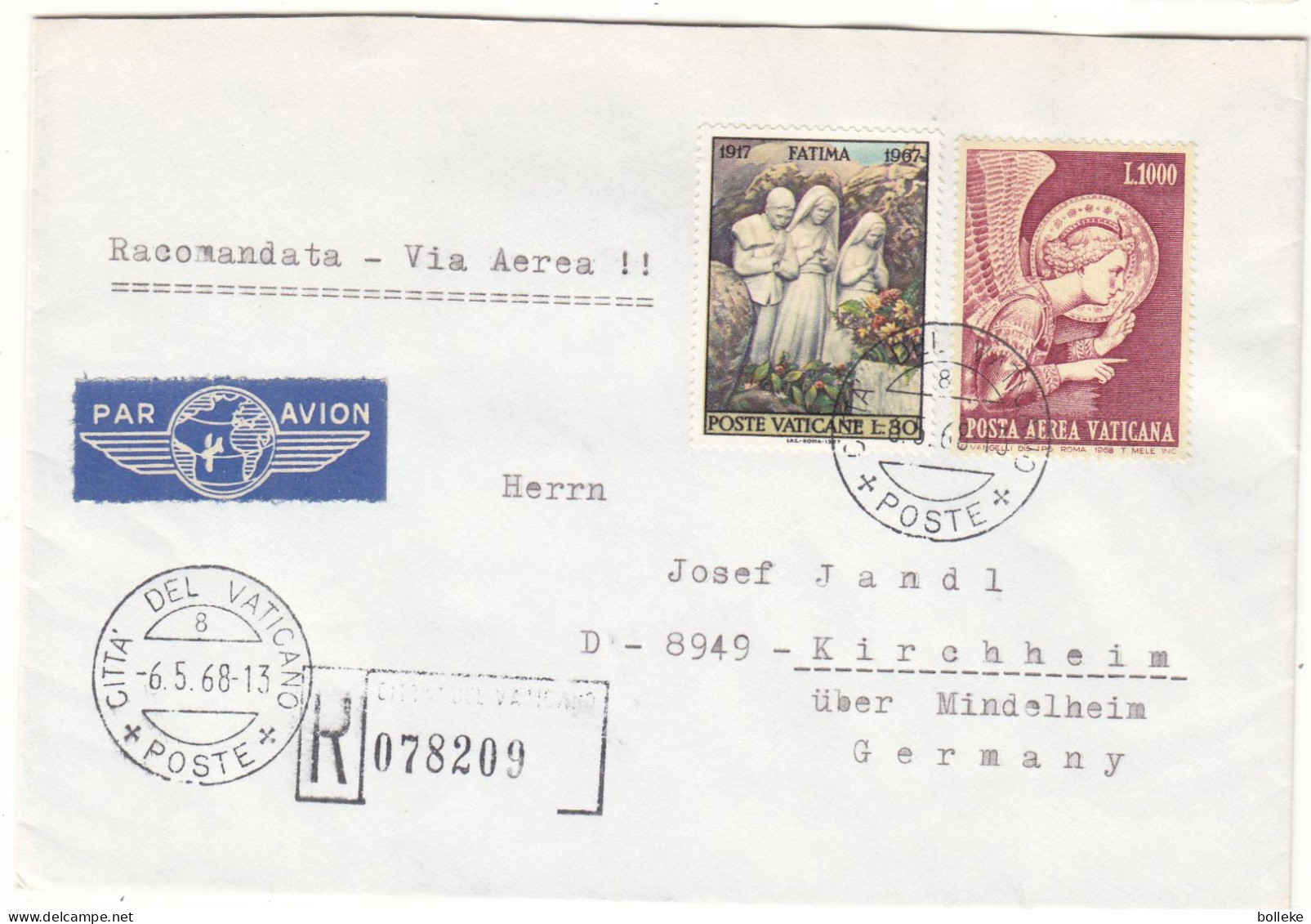 Vatican - Lettre Recom De 1968 - Oblit Citta Del Vaticano - Fatima - - Brieven En Documenten