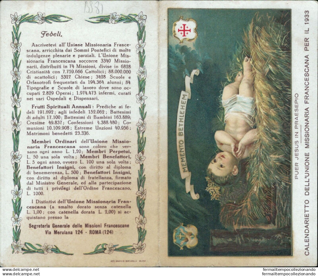 Bs81 Calendarietto Religioso Unione Missionaria Francescana 1933 - Otros & Sin Clasificación