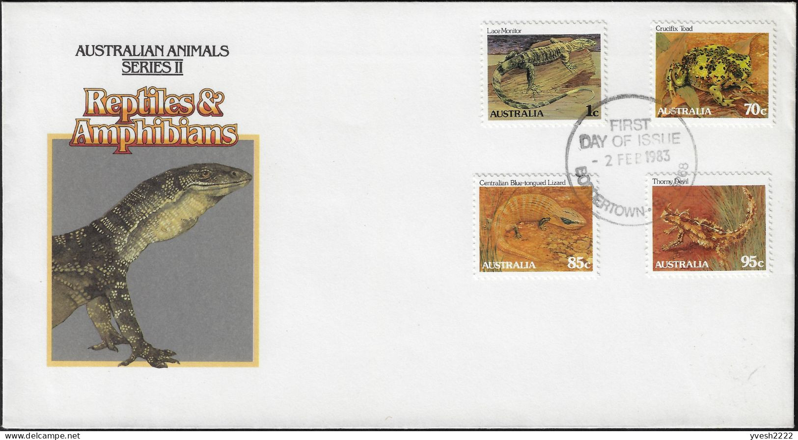 Australie 1983 Y&T 812 à 815 Sur FDC. Animaux, Reptiles. Varan, Grenouille (Notaden Bennettii), Lézard, Moloch Horridus - Rane