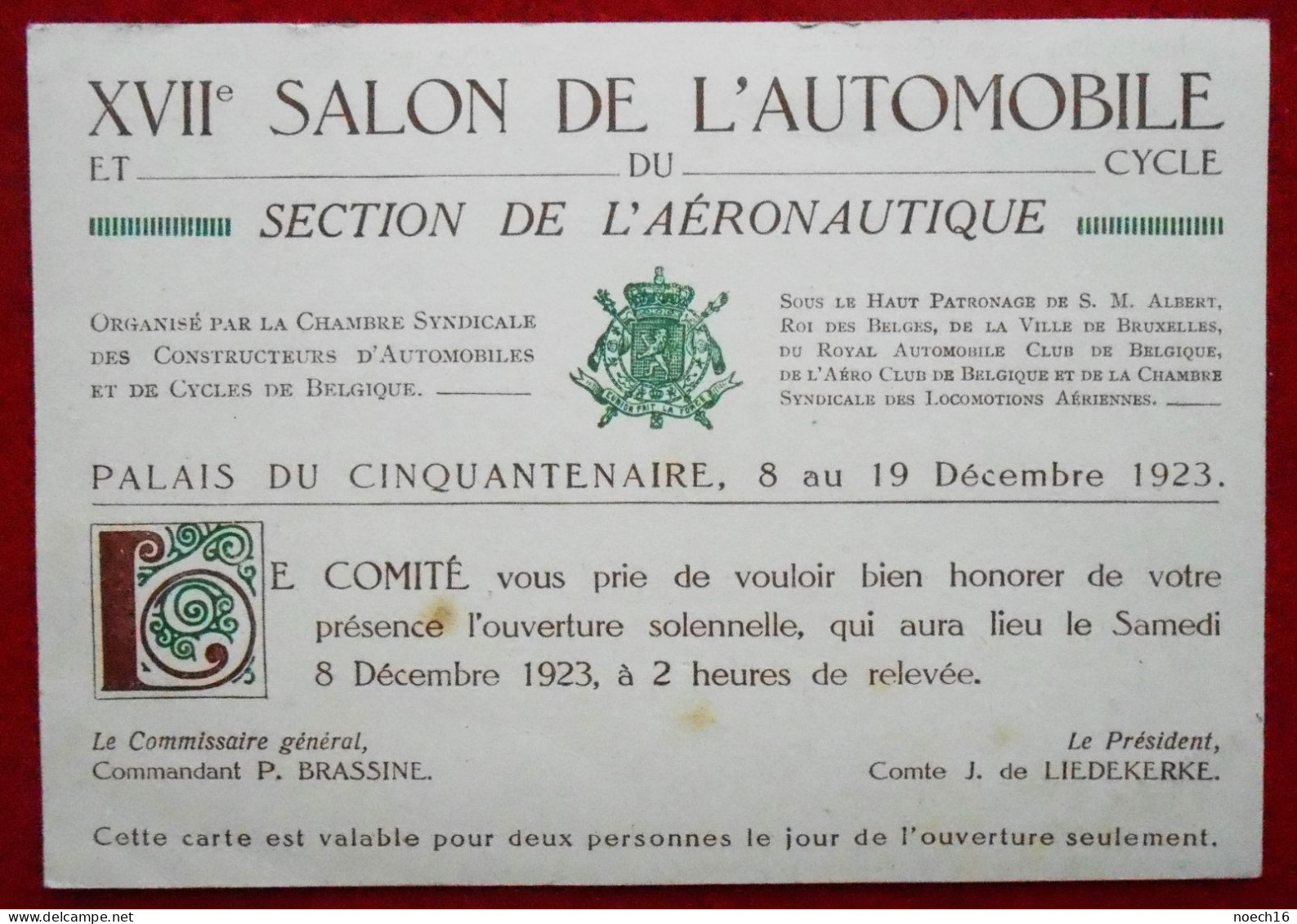 1923 Bruxelles Cinquantenaire, Invitation XVIIè Salon De L'Auto Et Du Cycle, Section Aéronautique - Tickets - Vouchers