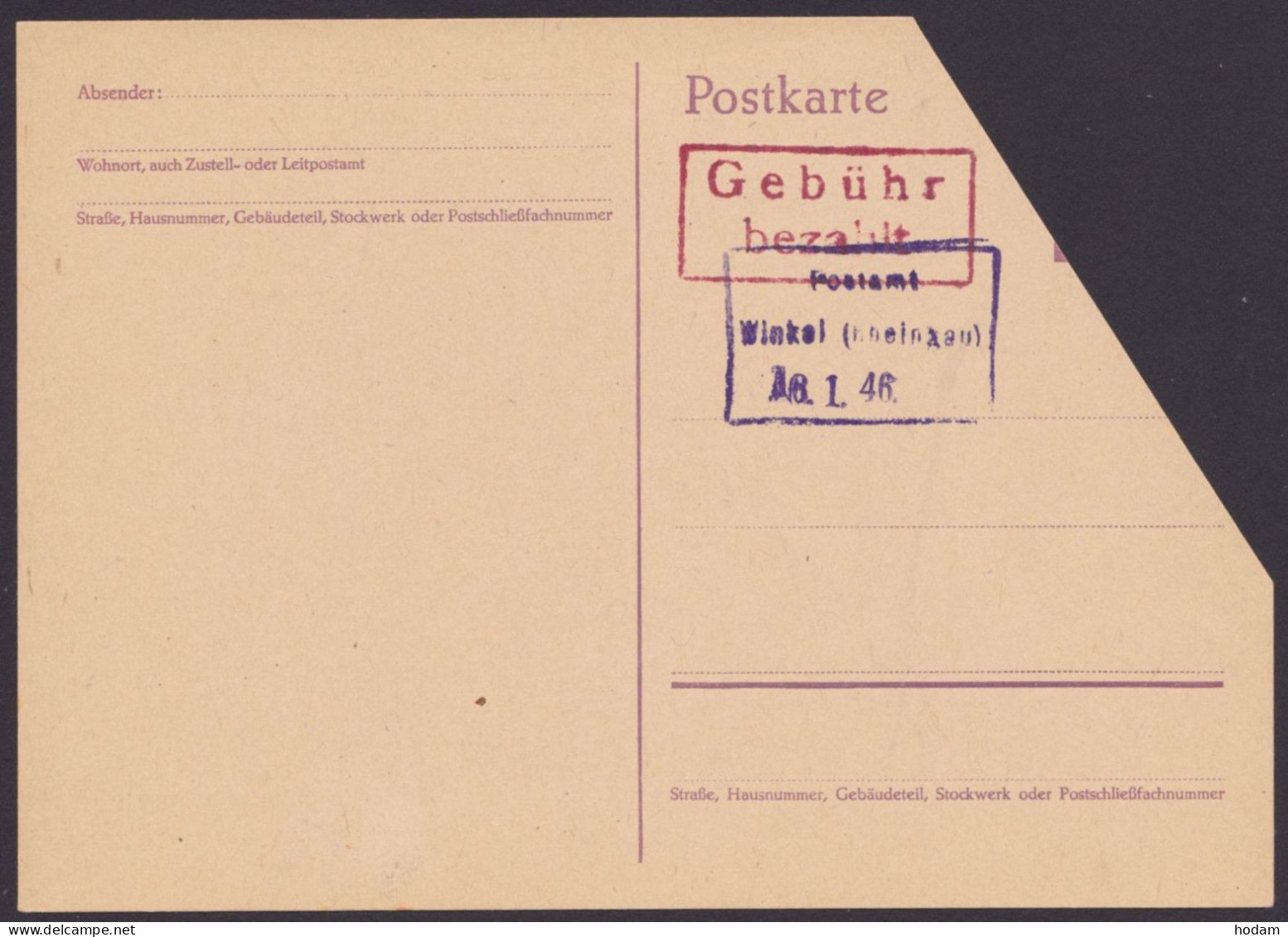 Winkel: DR P300, *, Wertstempel Abgeschnitten, Ra "Gebühr Bezahlt", Notstempel 16.1.46, Blanko, Seltenes Stück - Storia Postale