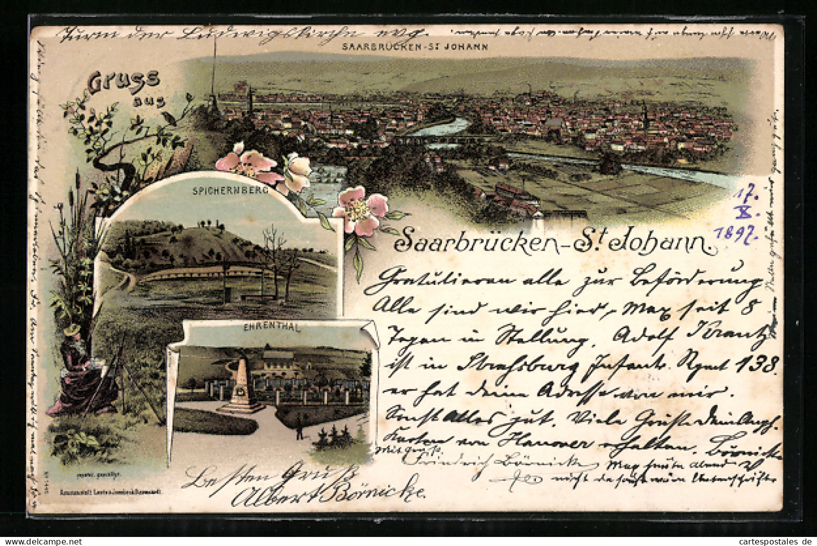 Lithographie St. Johann-Saarbrücken, Spichernberg, Ehrenthal  - Saarbruecken