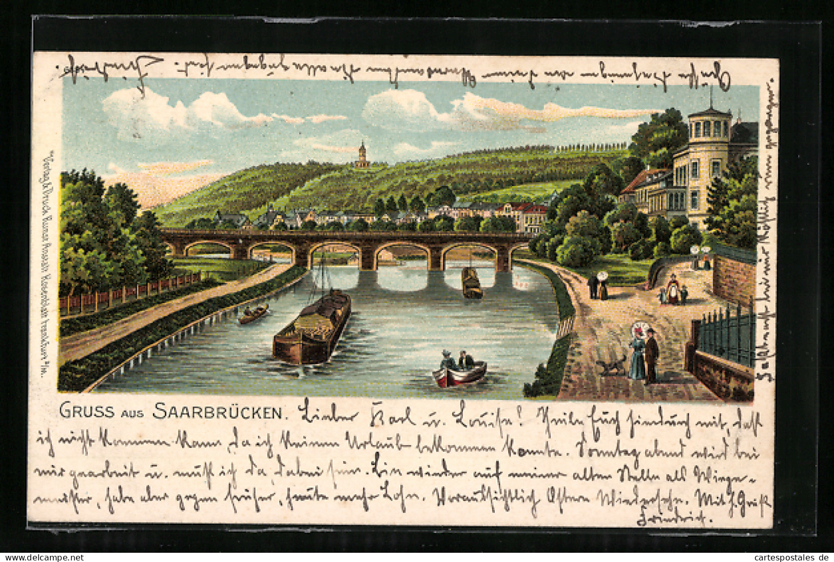Lithographie Saarbrücken, Flusspartie Mit Booten Und Spaziergängern  - Saarbruecken