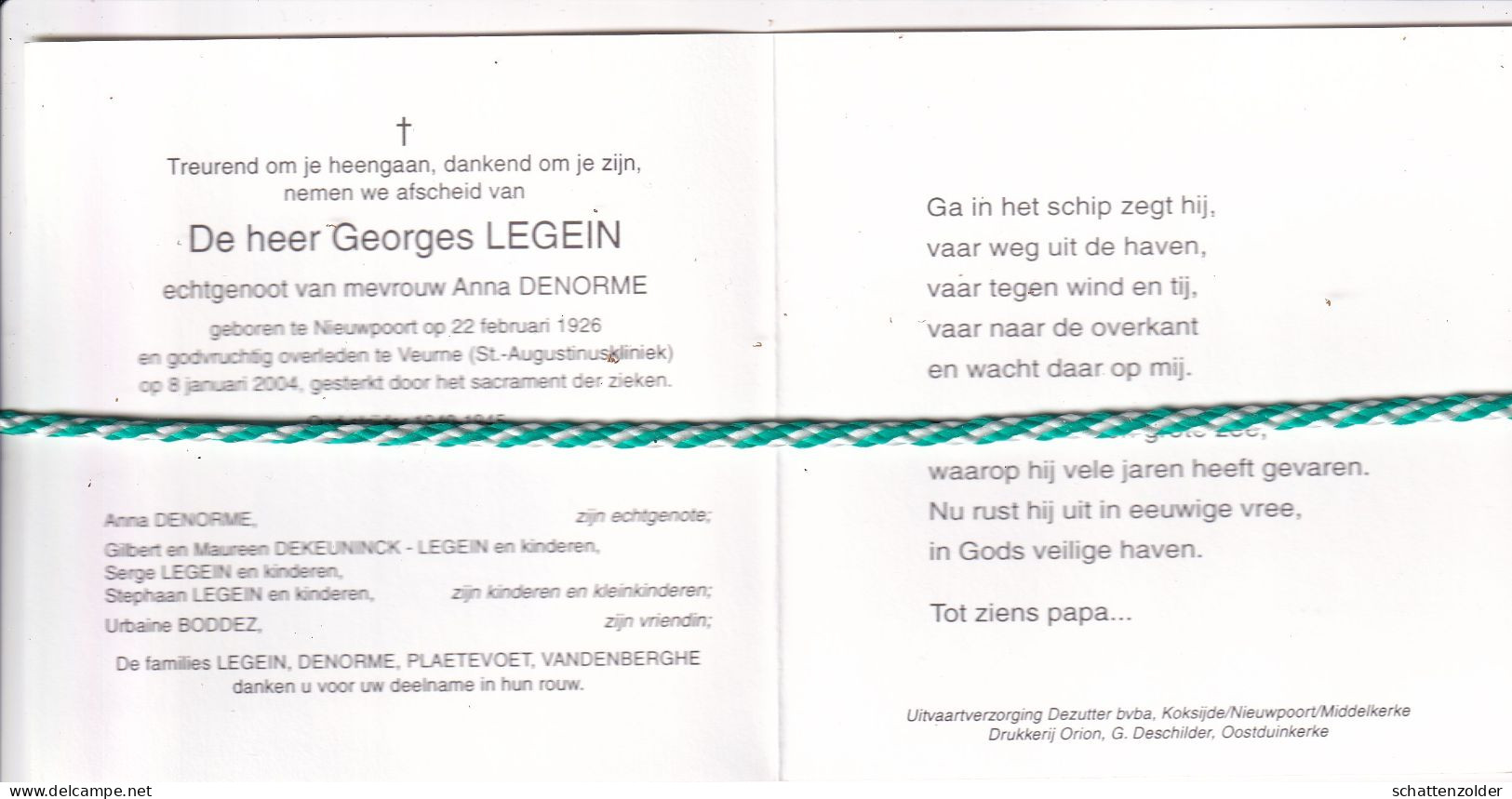 Georges Legein-Denorme, Nieuwpoort 1926, Veurne 2004. Oud-strijder 40-45; Foto - Obituary Notices