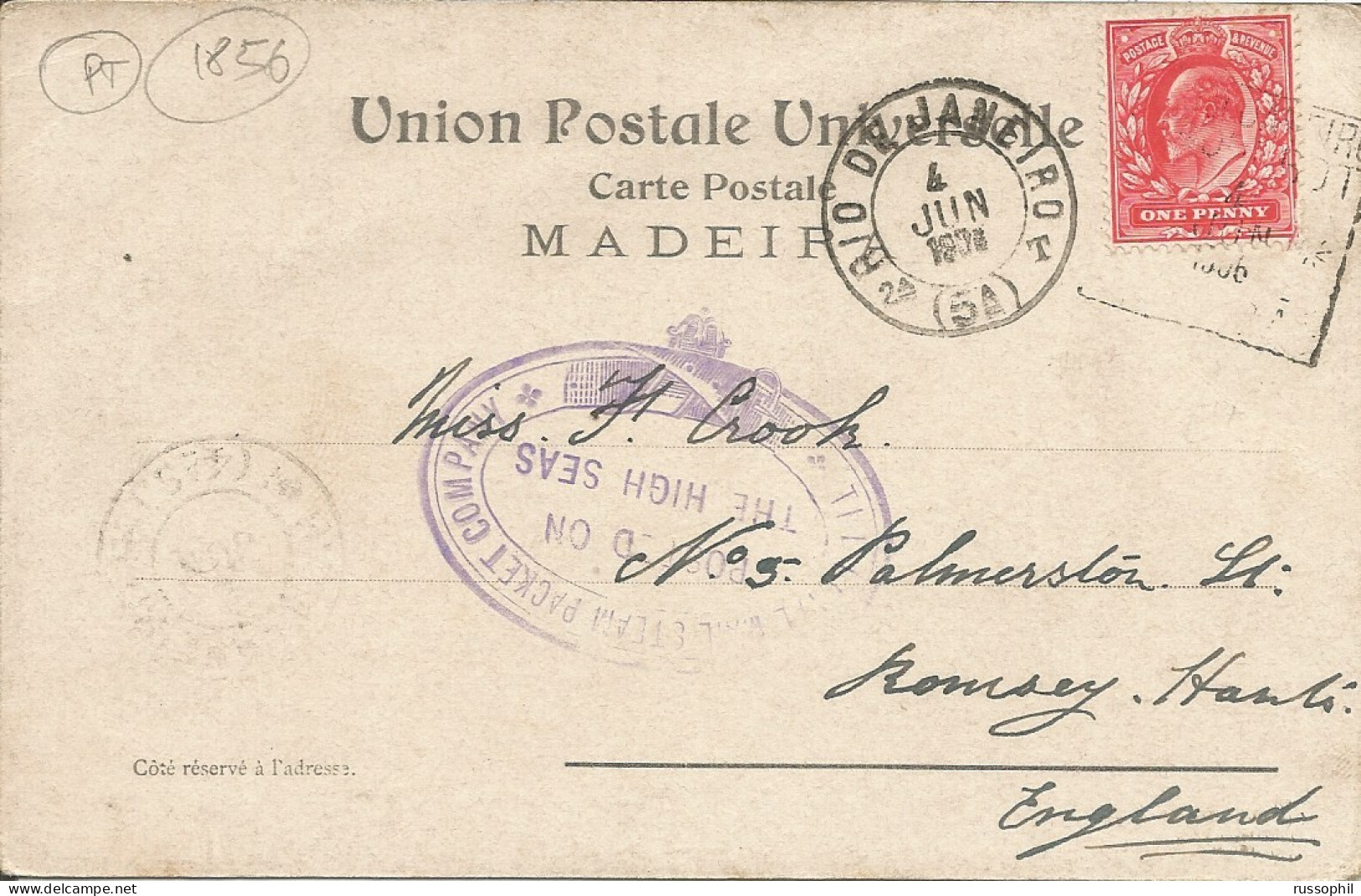 UK - 1/2 P. EDWARD VII CANCELLED 'RIO DE JANEIRO PAQUEBOT" ON PC (VIEW OF MADEIRA) POSTED ON THE HIGH SEAS - 1906 - Postmark Collection