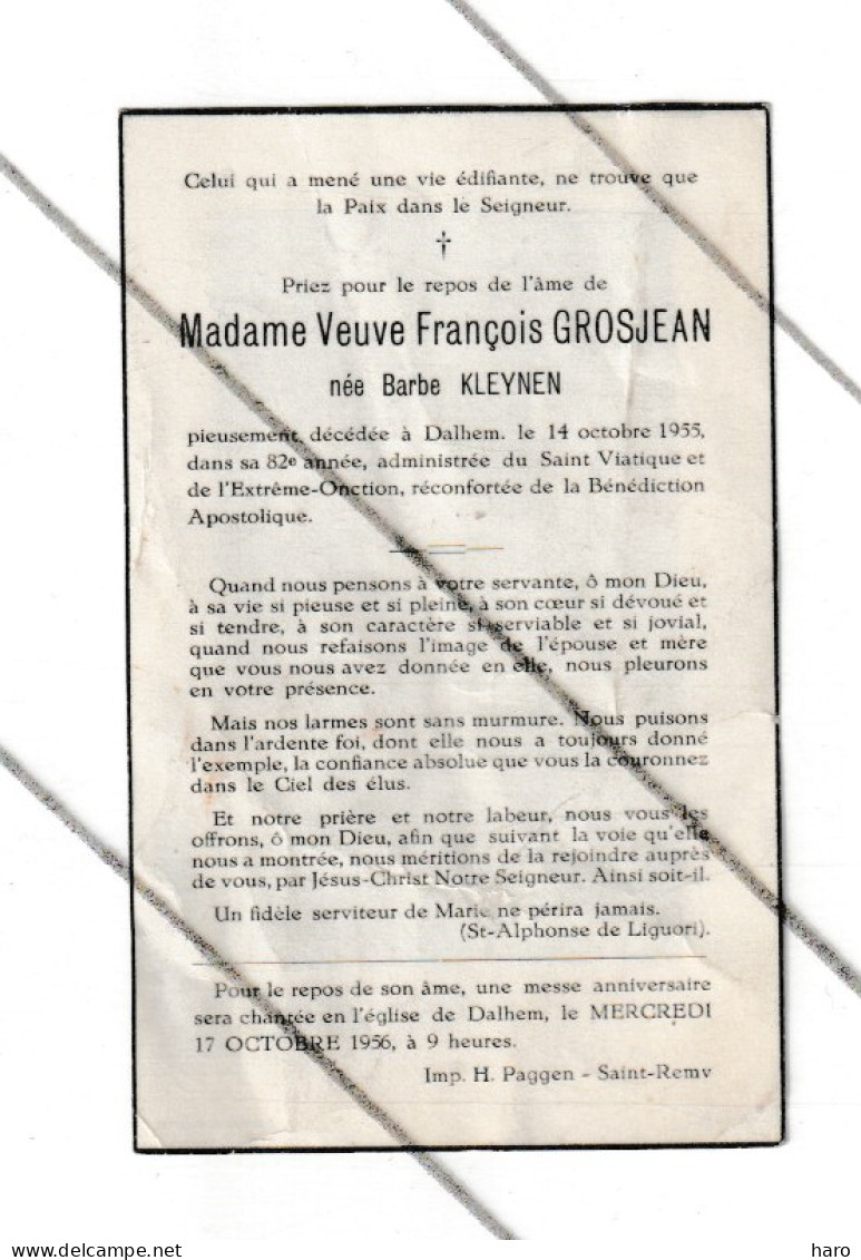 Faire-part De Décès De Mde Barbe KLEYNEN Vve De François Grosjean - DALHEM 1955 (B374) - Todesanzeige