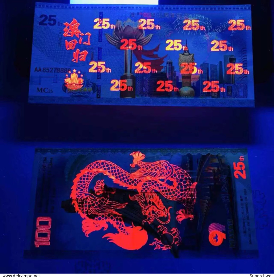 China Banknote Collection,1999-2024 Macau's 25th Anniversary Of Return Commemorative Fluorescent Notes，UNC - Cina