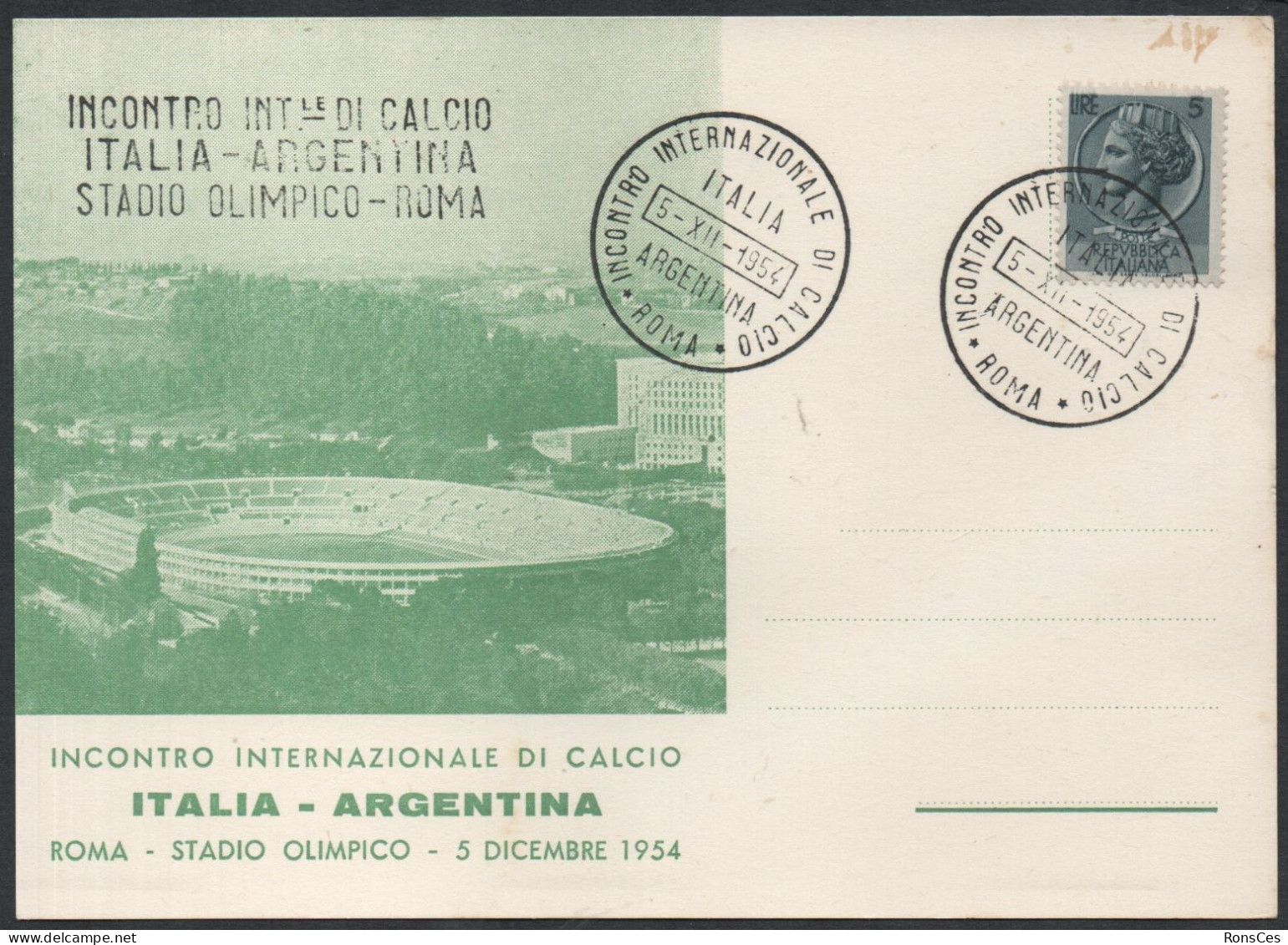 FOOTBALL - ITALIA ROMA 1954 - INCONTRO INTERNAZIONALE DI CALCIO ITALIA Vs. ARGENTINA - CARTOLINA UFFICIALE - A - Covers & Documents