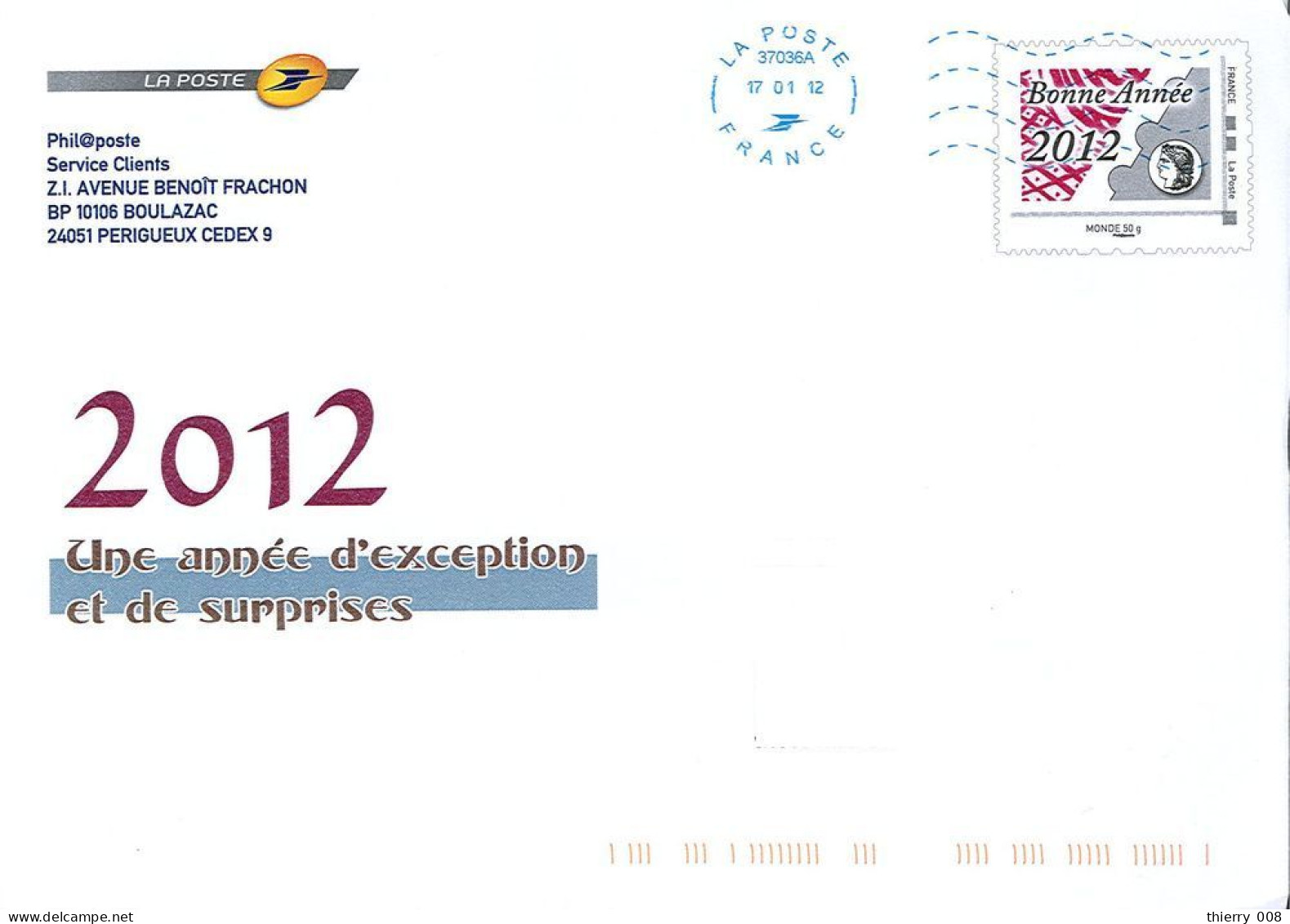 A65  PAP  Prêt à Poster  Service Philatélique De La Poste  Bonne Année 2012   Une Année D'exception Et De Surprises  Obl - PAP:  Varia (1995-...)