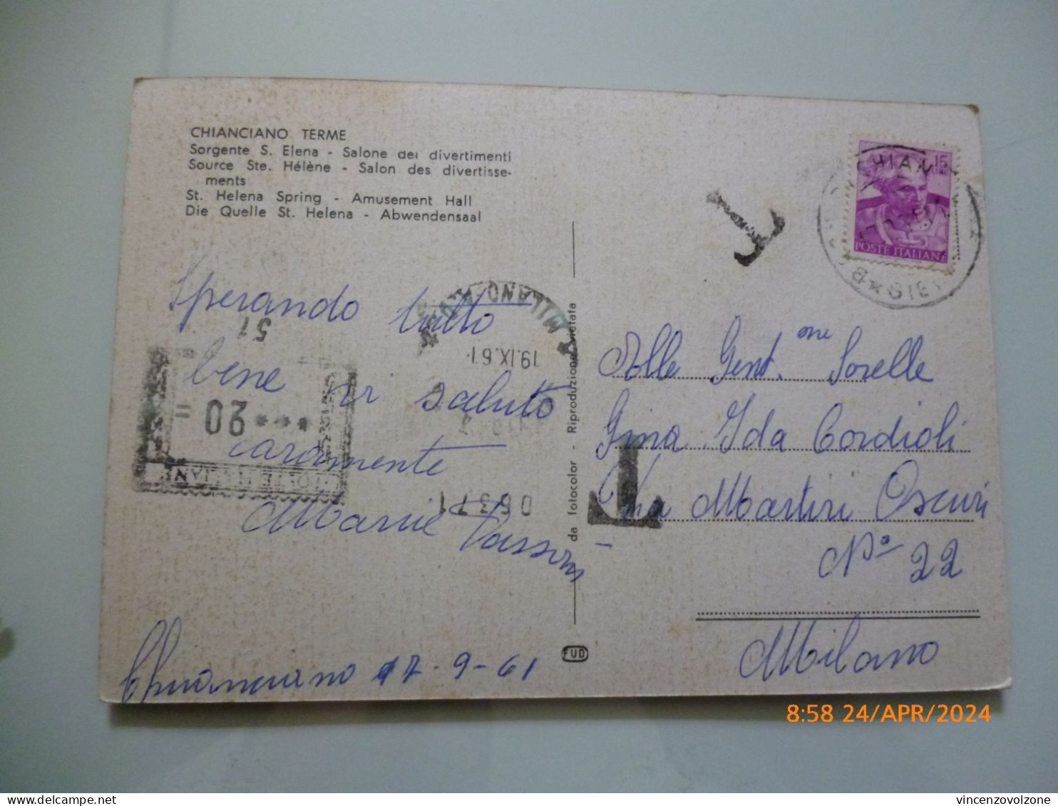 Cartolina Viaggiata "CHIANCIANO TERME Sorgente S. Elena - Salone Dei Divertimenti" 1961 - Siena