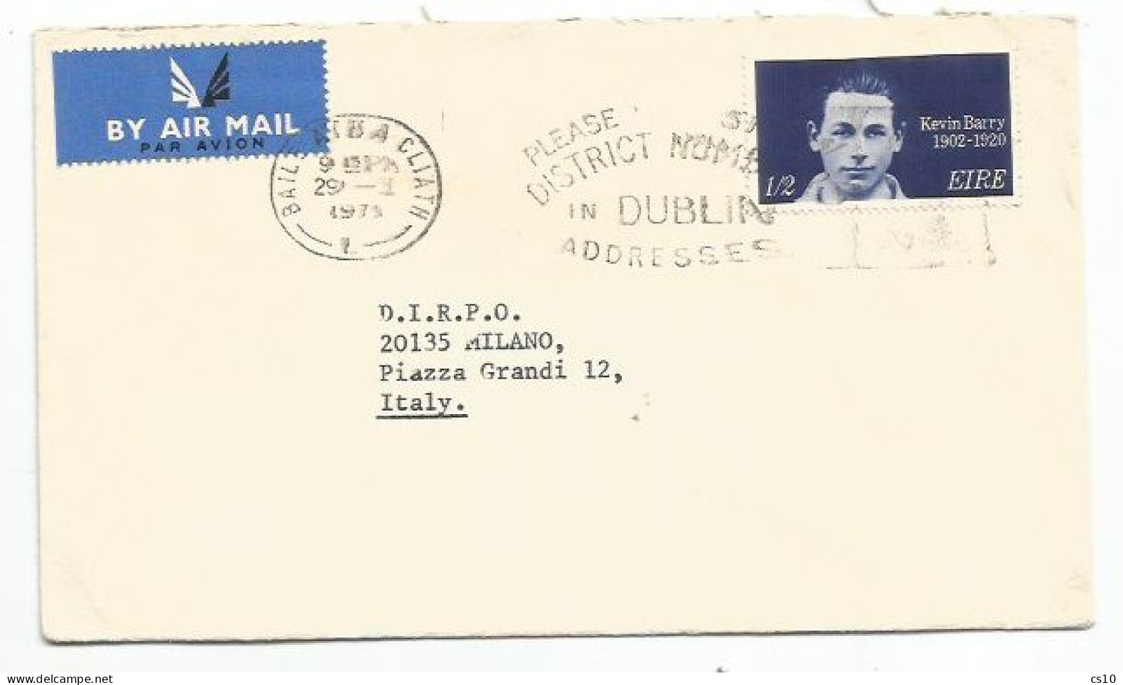 Eire AirMail Cover Dublin 29jan1970 To Italy With Kevin Barry 1/2 Solo Franking - Storia Postale