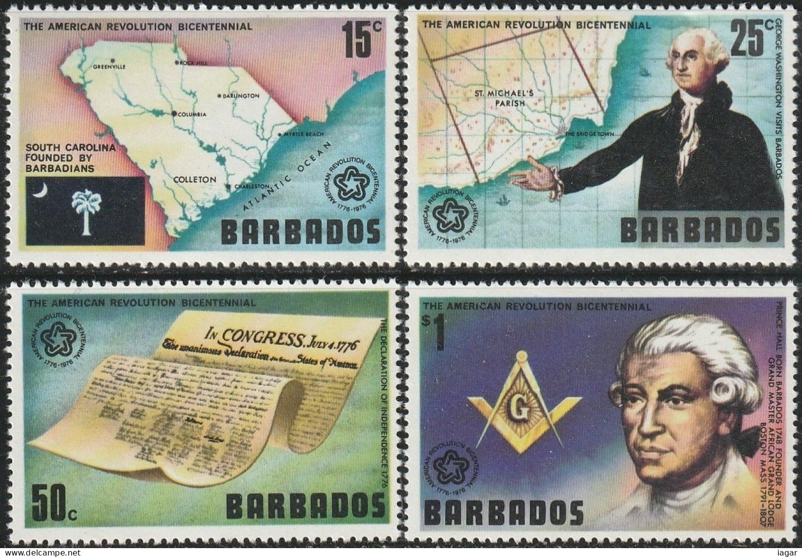 THEMATIC HISTORY:  BICENTENARY OF AMERICAN REVOLUTION. FLAG AND MAP OF SOUTH CAROLINA, MAP OF BRIDGETOWN - BARBADOS - Indépendance USA