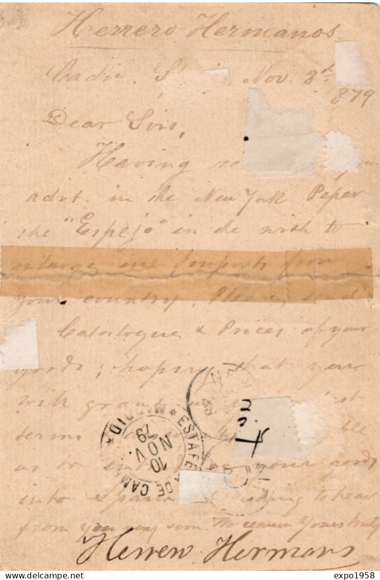 Tarjeta Postal -  Alfonso XII  / De Madrid A U. S. America  1879 - Cartas & Documentos