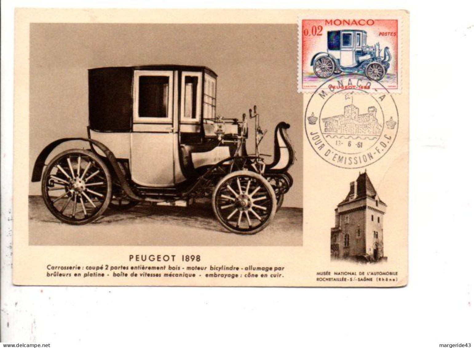 MONACO CARTE MAXIMUM 1961 VOITURE PEUGEOT 1898 - Cartes-Maximum (CM)