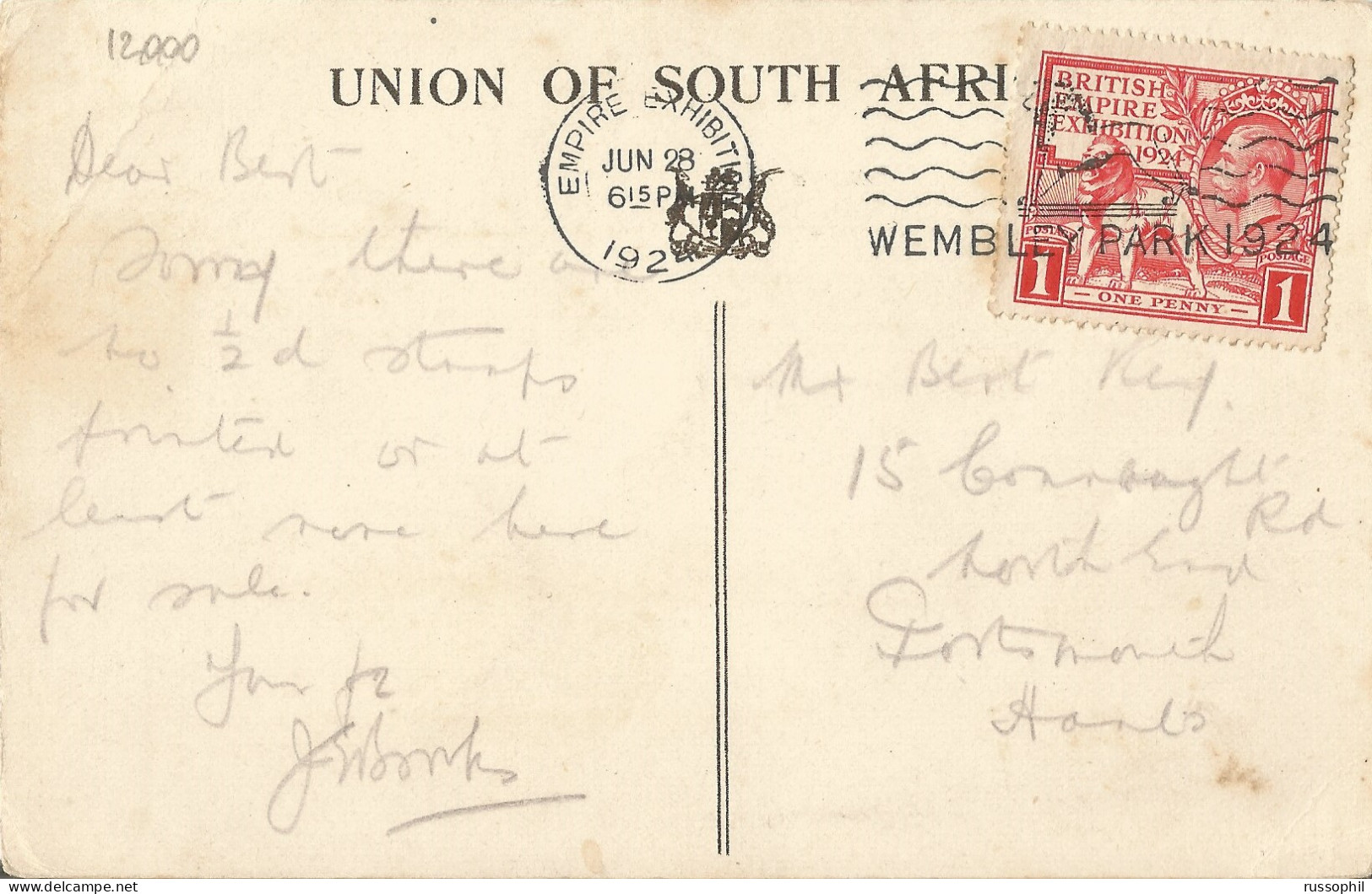 UK - "ONE PENNY BRITISH EMPIRE EXHIBITION 1924" ALONE FRANKING PC TO PORTSMOUTH -1924 - Covers & Documents