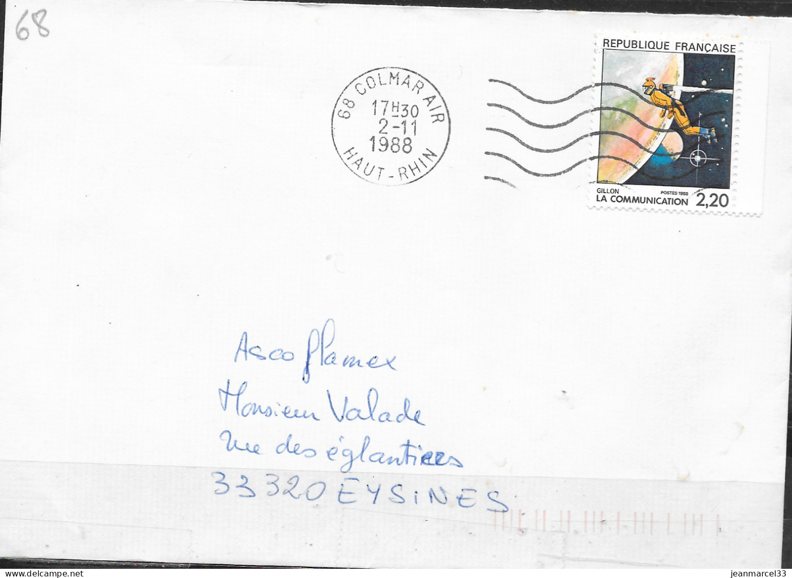 Cachet Mécanique Lignes Ondulées O= 68 Colmar Air 2 -11 1988 Sur Timbre Ordinaire - Briefe U. Dokumente