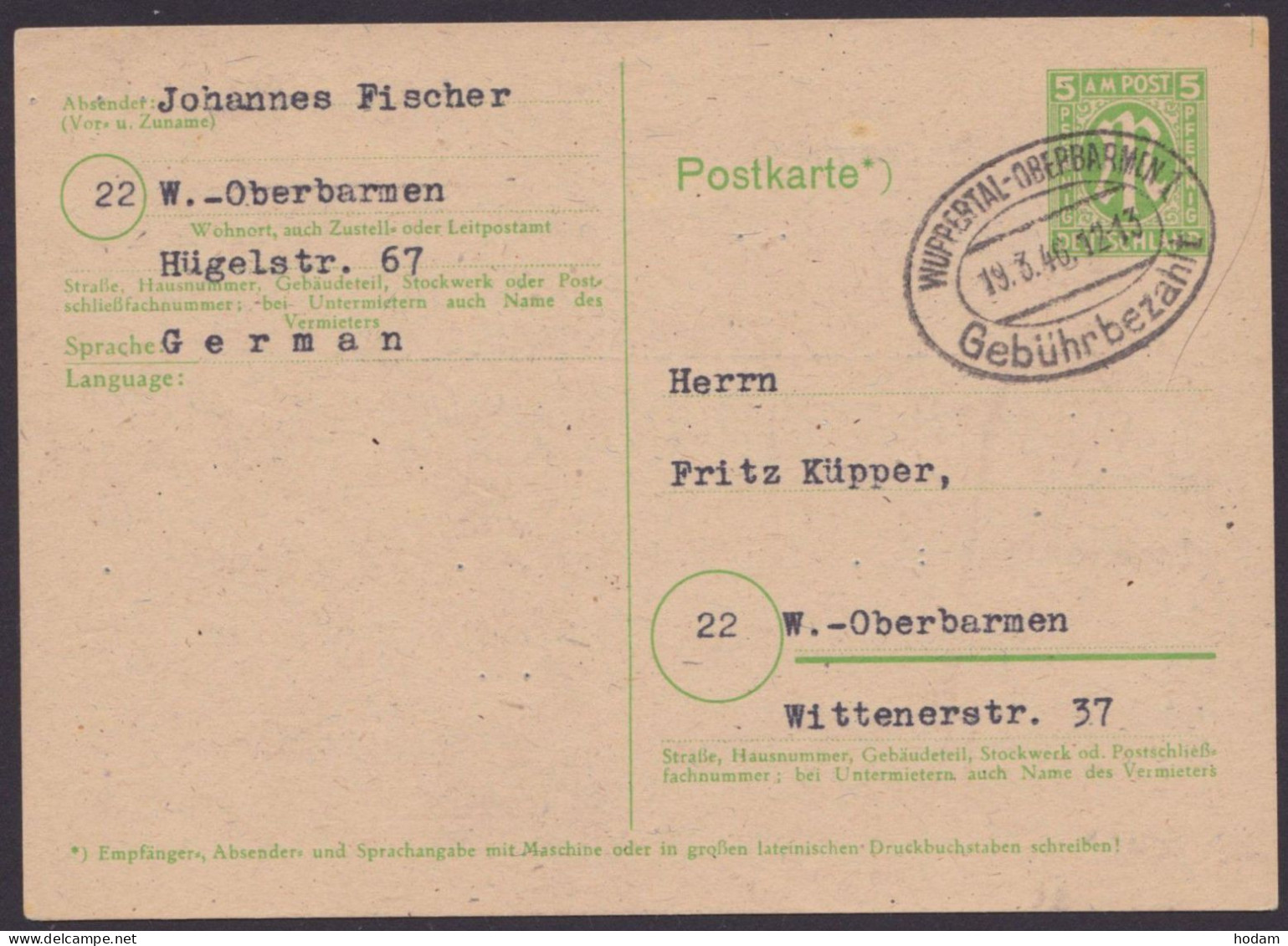 Wuppertal-Oberbarmen: P904, O, Bedarfsortskarte, Oval "Gebühr Bezahlt", 19.3.46 - Lettres & Documents