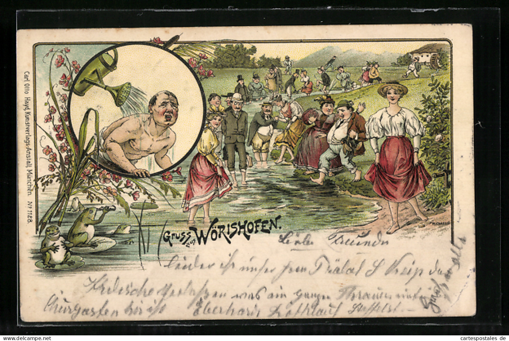 Lithographie Wörishofen, Badekultur, Scherz, Frösche  - Santé