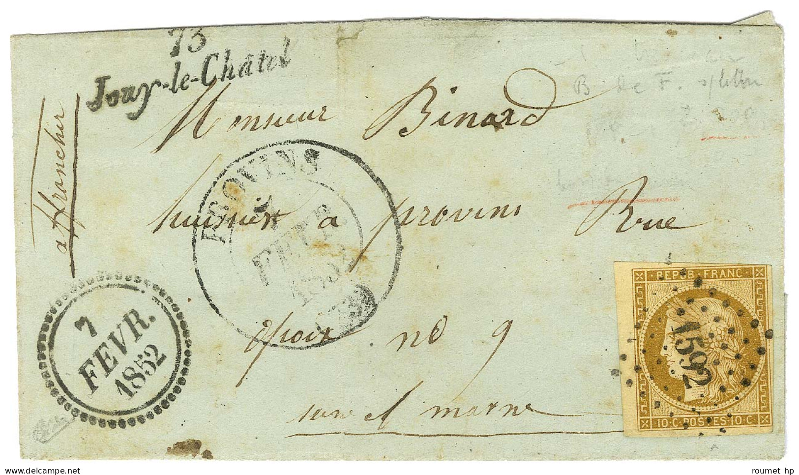 PC 1592 / N° 1 (filet à Peine Effleuré) Càd T 13 PROVINS (73) Cursive 73 / Jouy-le-Chatel Dateur B 1852 Sur Lettre Incom - 1849-1850 Ceres