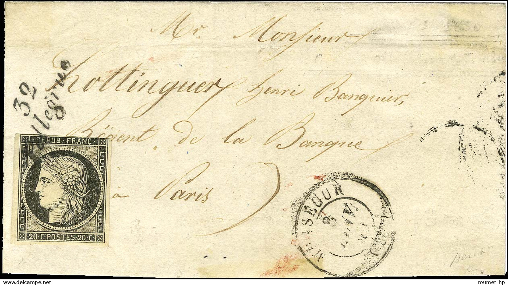 Cursive 32 / Pellegrue / N° 3 (def) Càd T 15 MONTSEGUR (30) 8 JANV. 49 Sur Lettre Pour Paris. Au Verso, Càd D'arrivée 11 - 1849-1850 Ceres