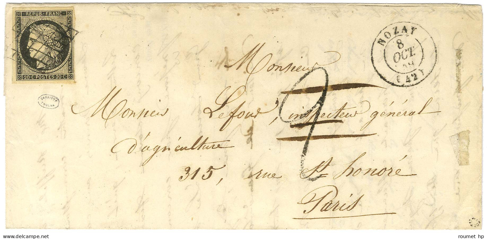Grille / N° 3 Càd T 15 NOZAY (42) Taxe Tampon 2 Annulée Plume Sur Lettre Avec Texte Pour Paris. 1849. - SUP. - 1849-1850 Cérès