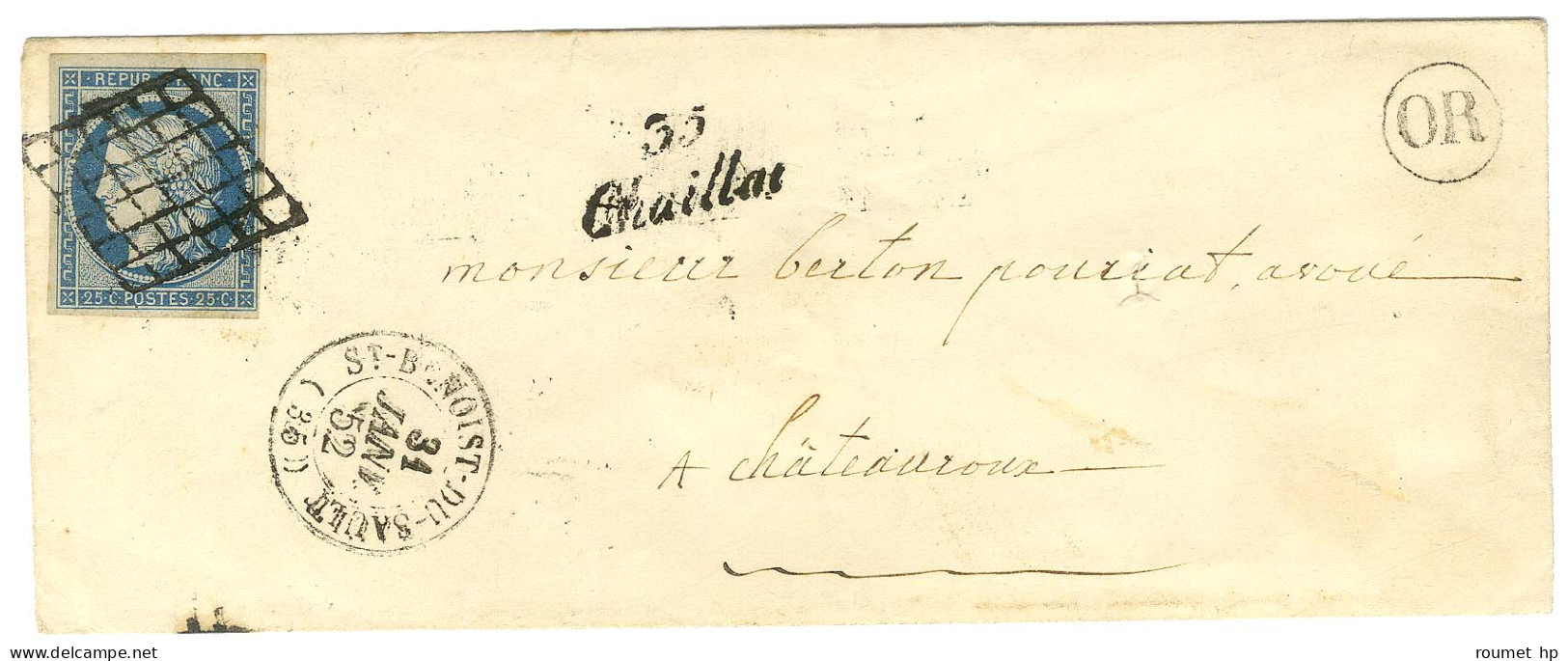 Grille / N° 4 Càd T 15 ST BENOIST DU SAULT (35) Cursive 35 / Chaillac Sur Lettre Pour Châteauroux. 1852. - SUP. - R. - 1849-1850 Ceres