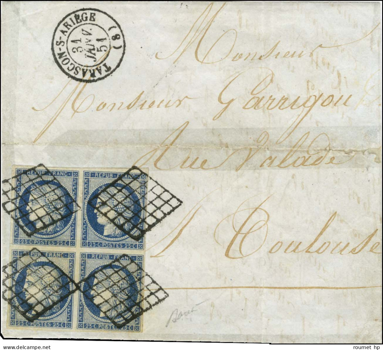Grille / N° 4 Bloc De 4 Belles Marges Càd T 15 TARASCON-S-ARIÈGE (8) Sur Lettre Incomplète Pour Toulouse. 1851. - TB. -  - 1849-1850 Cérès