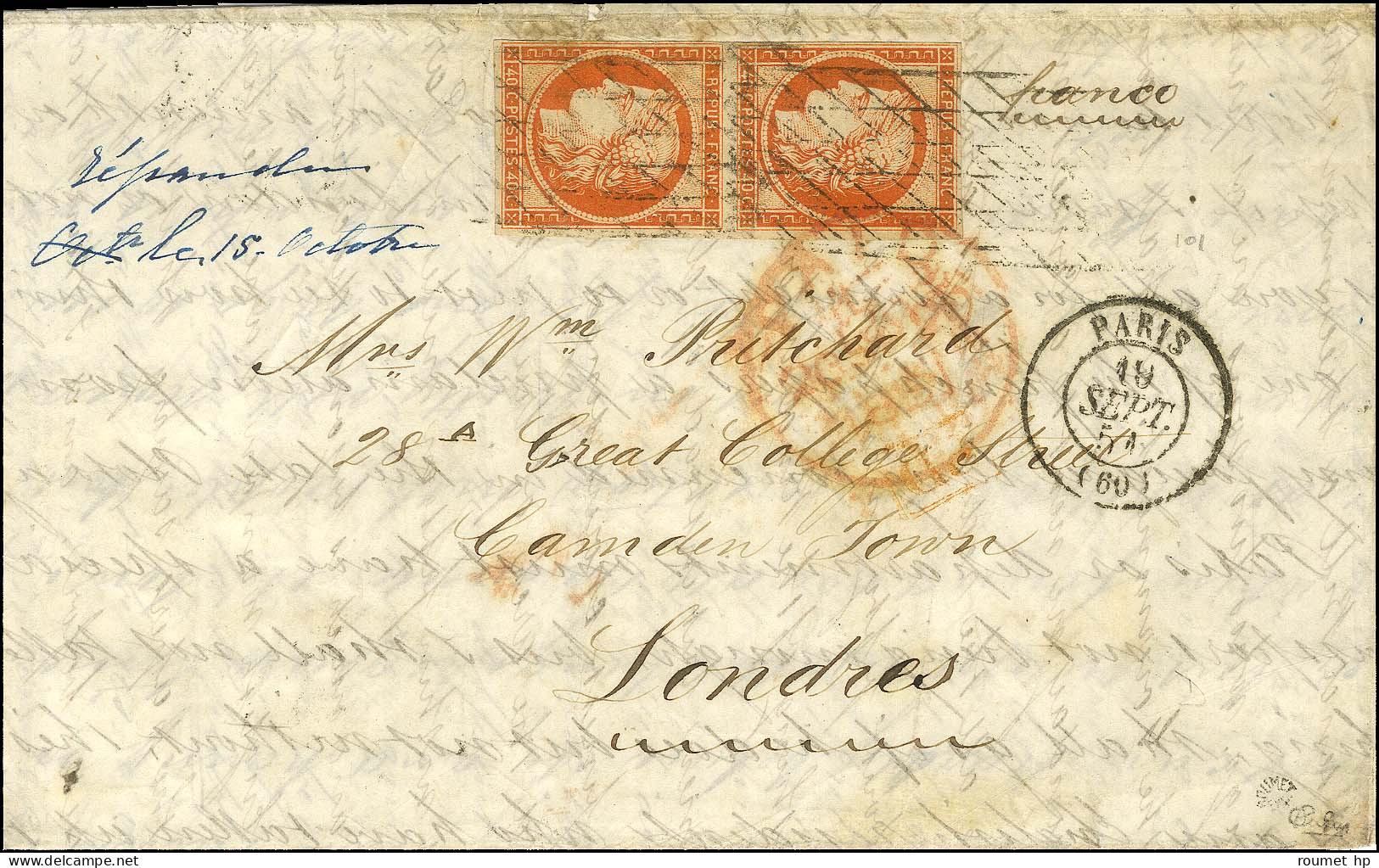 Grille Sans Fin / N° 5 Orange Vif Càd PARIS (60) Sur Lettre Pour Londres. 1851. - TB / SUP. - R. - 1849-1850 Cérès