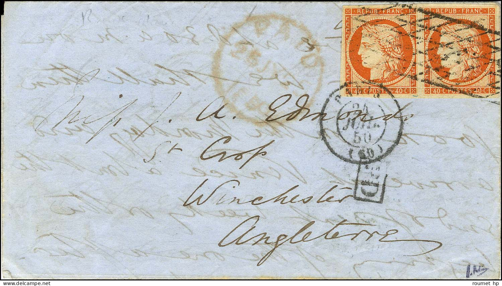 Grille Sans Fin / N° 5 Orange Vif, Paire, Belles Marges Càd PARIS (60) Sur Lettre Pour L'Angleterre. 1850. - SUP. - R. - 1849-1850 Ceres