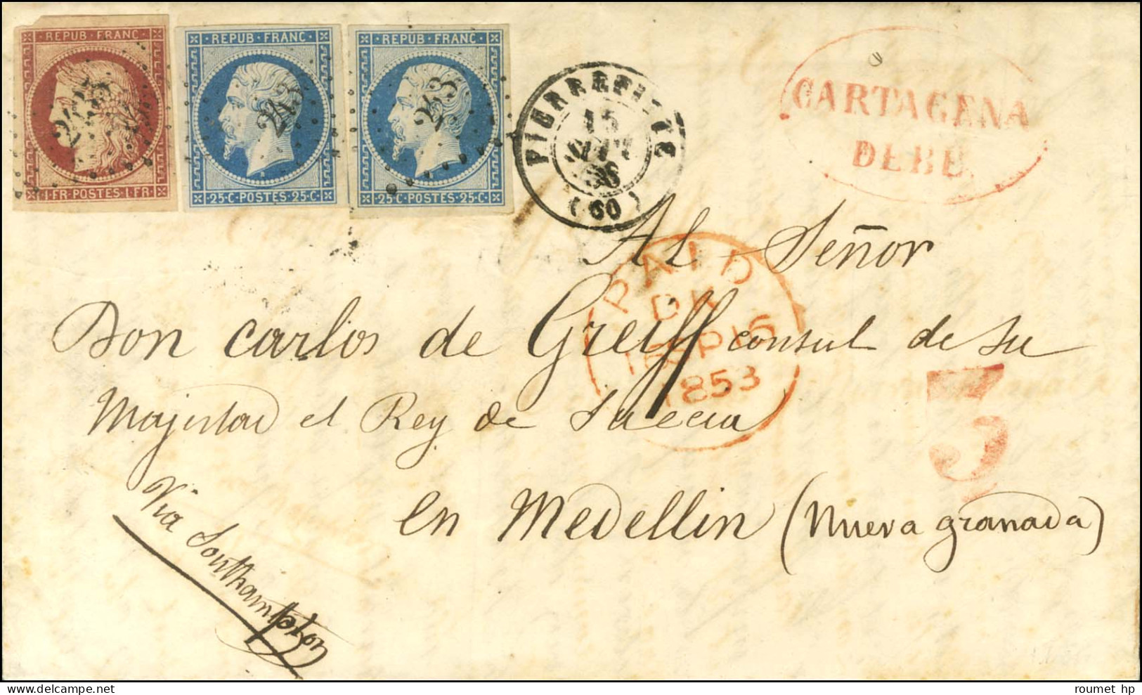 PC 2435 / N° 6 + N° 10 (2) Càd PIERREFITTE (60) Sur Lettre Adressée à Medellin (Nueva Granada). Au Recto, Cachet Rouge C - 1849-1850 Ceres