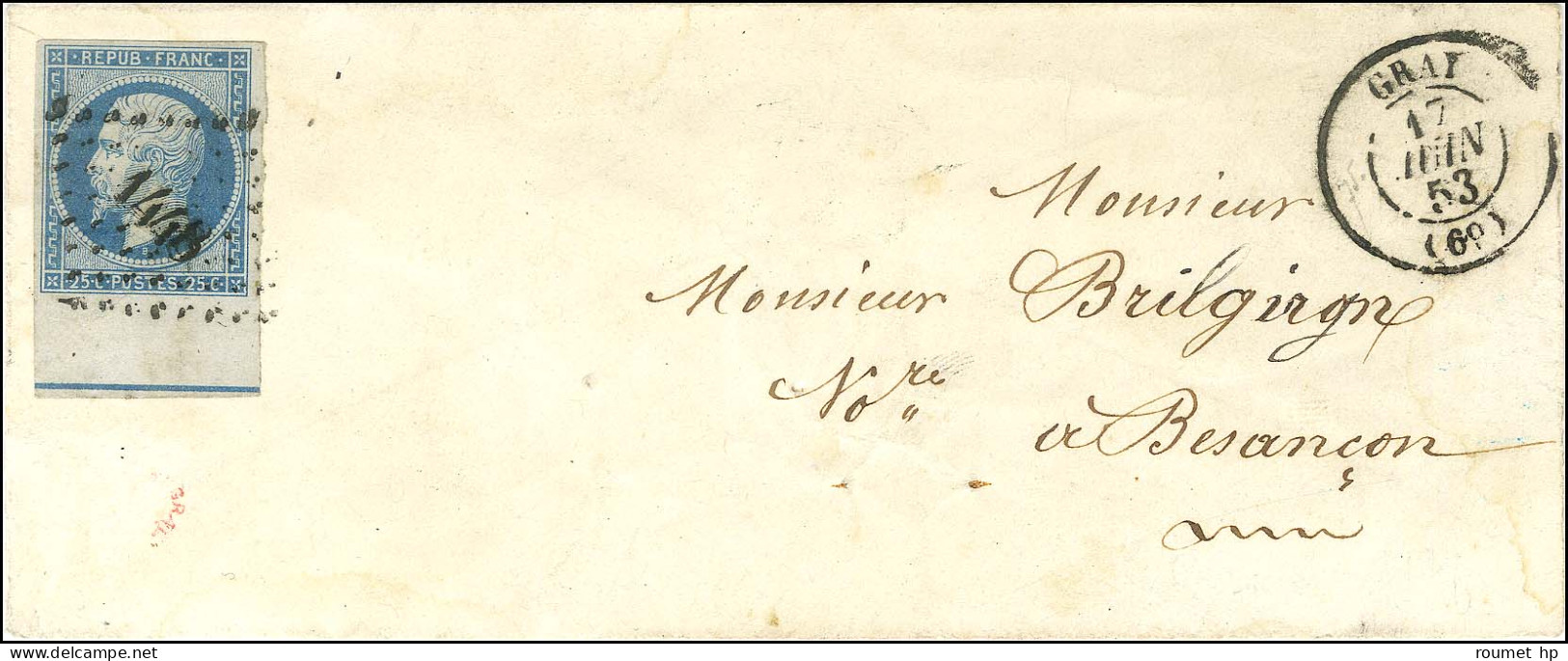 PC 1448 / N° 10 Bdf Avec Filet D'encadrement Càd T 15 GRAY (69) Sur Lettre Pour Besançon. 1853. - TB / SUP. - R. - 1852 Luigi-Napoleone