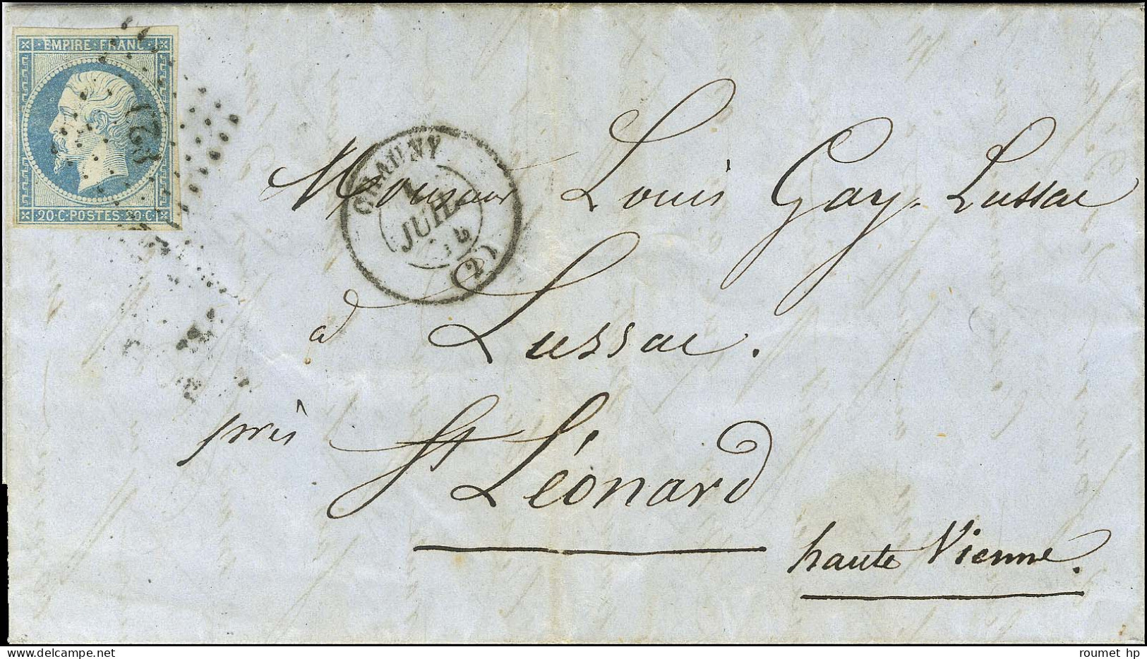 PC 829 / N° 14 Bleu Laiteux Càd T 15 CHAUNY (2) 1 JUIL. 54 Sur Lettre Avec Texte Adressé à Monsieur Louis Gay Lussac à L - 1853-1860 Napoléon III.