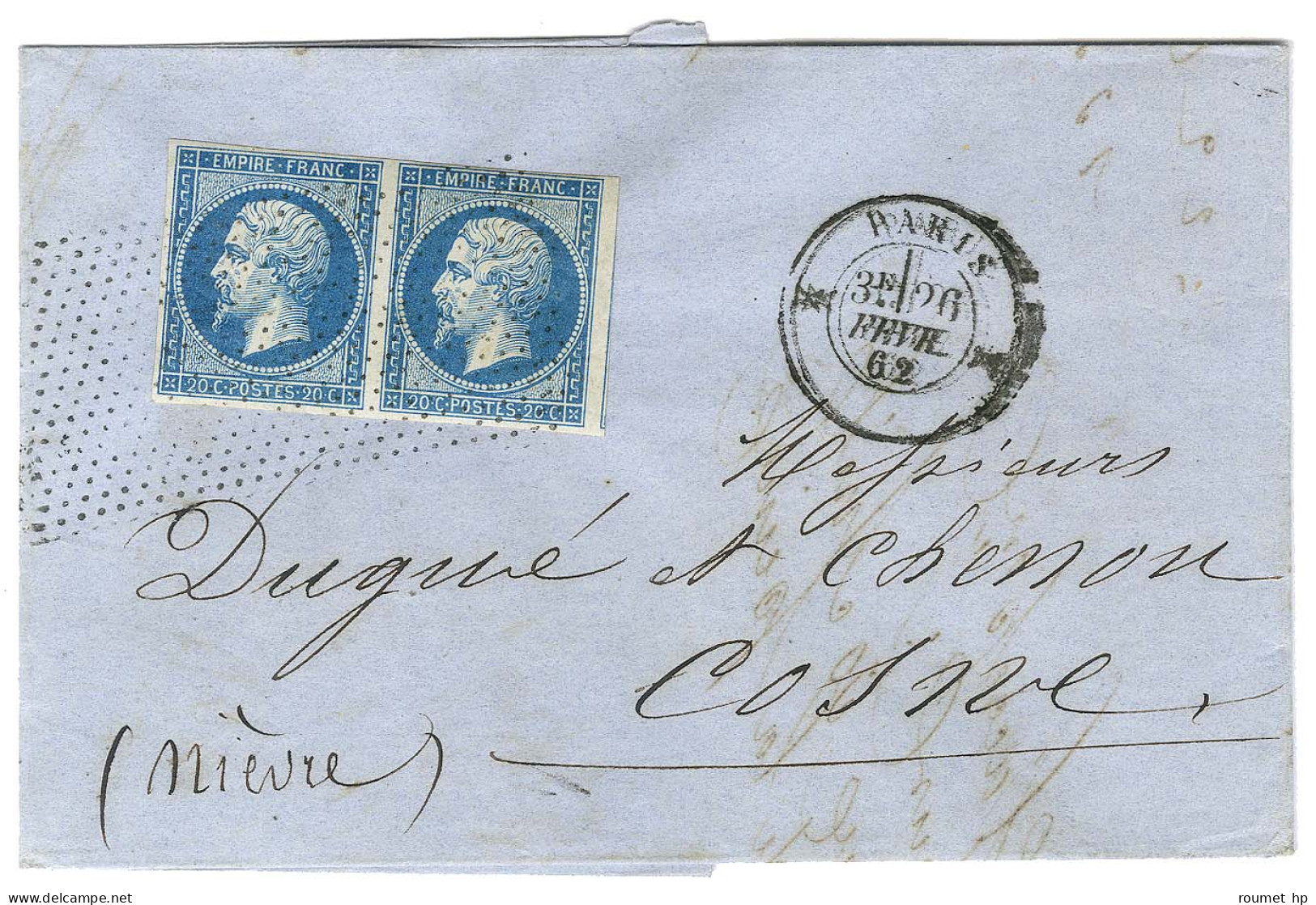 Rouleau De Pointillés / N° 14 Paire Càd Diabolo * PARIS * Sur Lettre 2 Ports Pour Cosne. 1862. - TB / SUP. - 1853-1860 Napoleon III