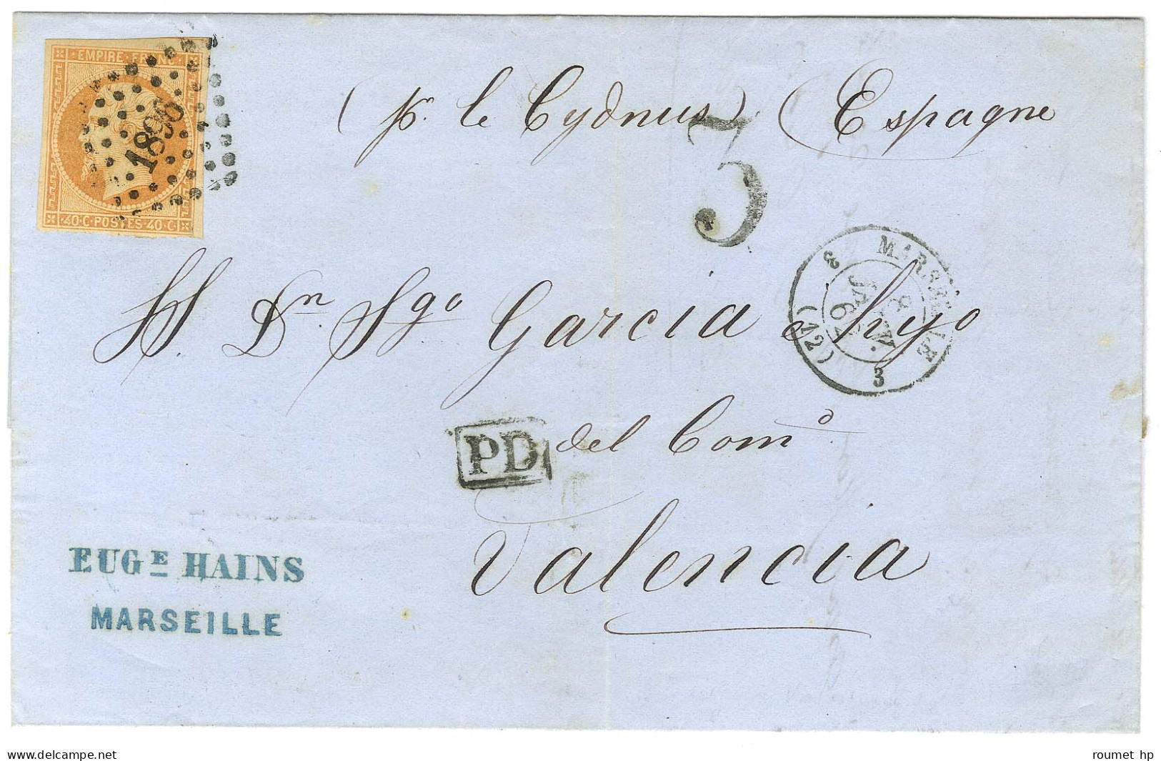 PC 1896 / N° 16 Càd T 15 3 MARSEILLE 3 (12) Sur Lettre Pour Valence. Au Recto, Taxe Tampon 3. Au Verso, Marque ESTRANGER - 1853-1860 Napoleon III