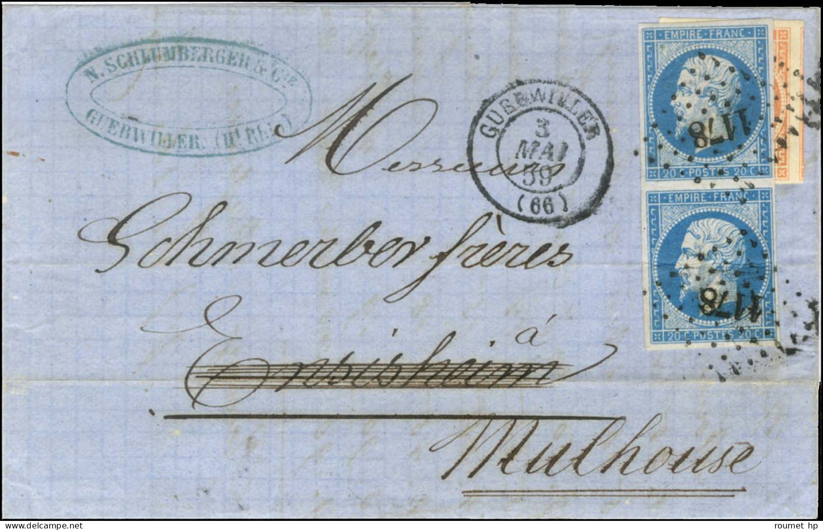 PC 1460 / N° 16 Càd T 15 GUEBEWILLER (66) Sur Lettre 2 Ports Pour Ensisheim Réexpédiée à Mulhouse à L'aide D'une Paire D - 1853-1860 Napoléon III