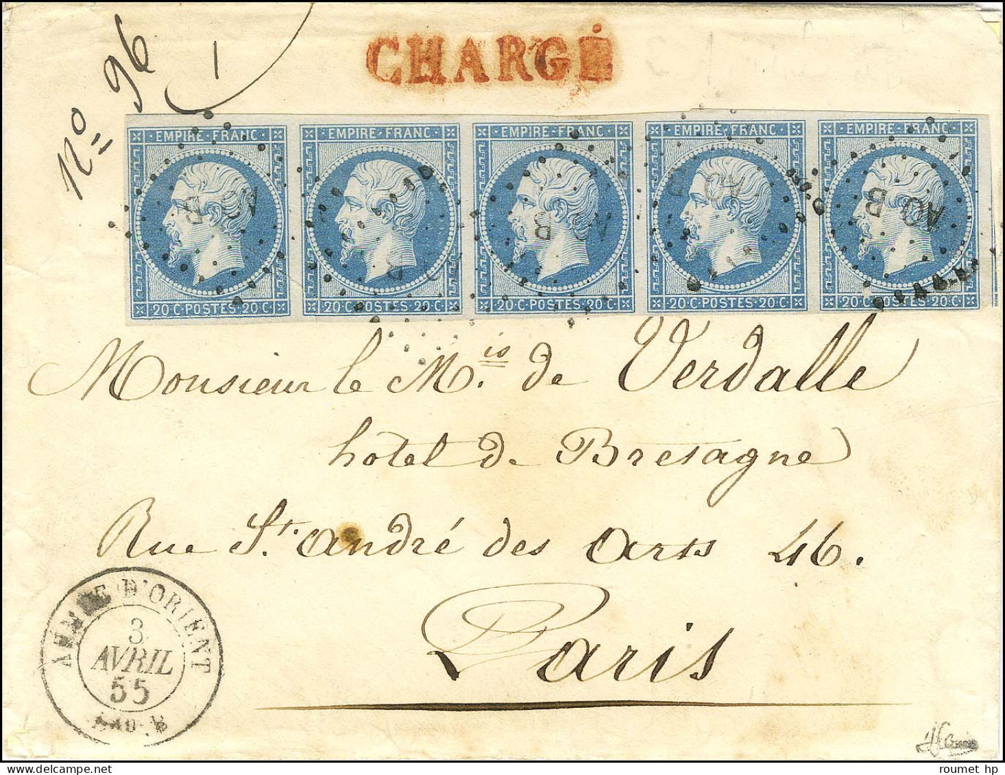 Losange AO B / N° 14 Bande De 5, Très Belles Marges Càd ARMÉE D'ORIENT / Bau B 3 AVRIL 55 Sur Lettre Chargée Pour Paris. - 1853-1860 Napoléon III.