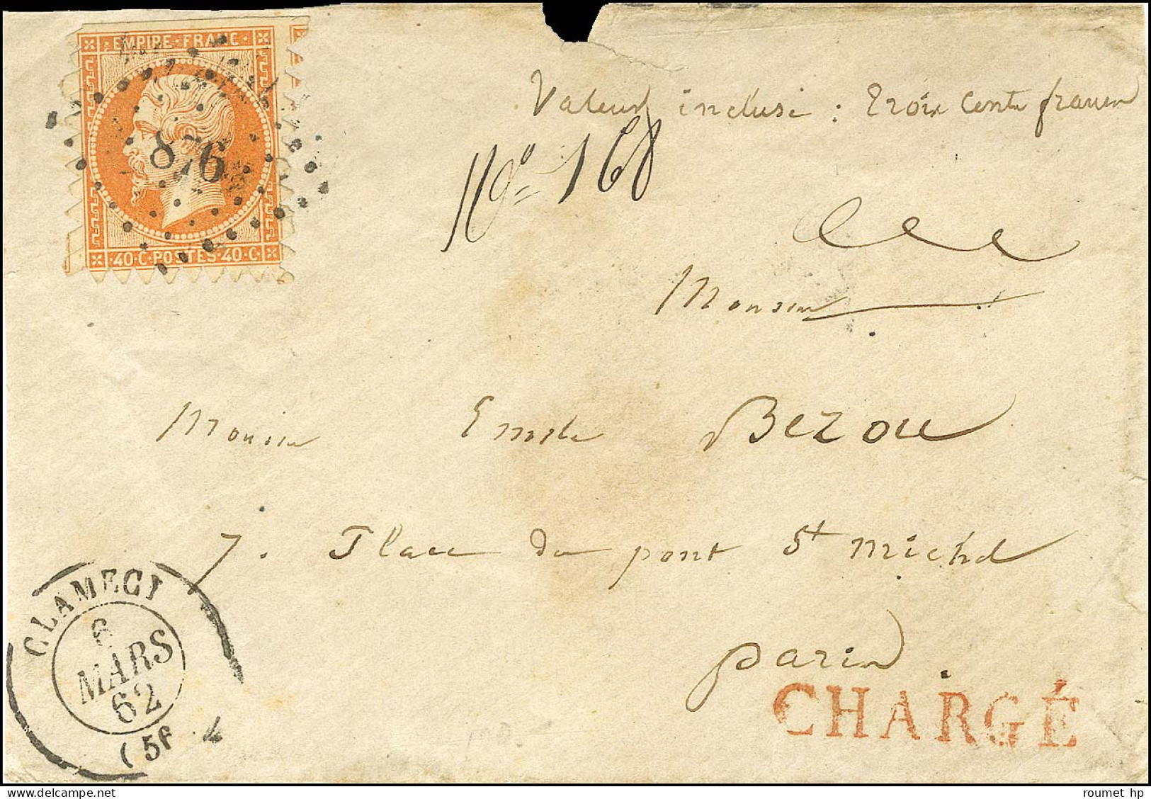 PC 876 / N° 16 Piquage De Clamecy Sur 3 Côtés Càd T 15 CLAMECY (56) Sur Devant De Lettre Chargée Pour Paris. 1862. - TB  - 1853-1860 Napoleon III