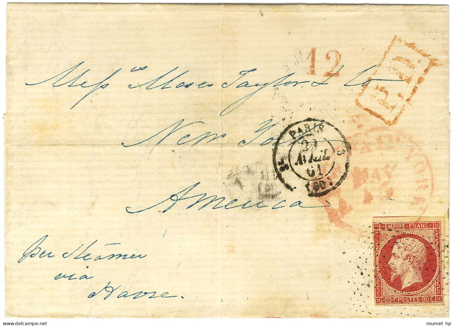 Roulette De Pointillés / N° 17 (filet Effleuré) Càd PARIS (60) Sur Lettre Pour New York. Au Recto, Taxe Tampon 12 Rouge  - 1853-1860 Napoléon III