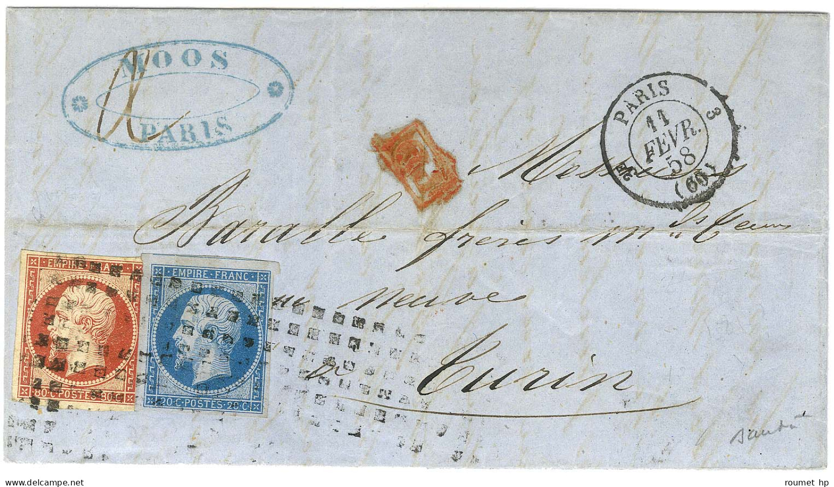 Rouleau De Gros Points / N° 14 Bleu Sur Lilas Foncé + 17 Càd PARIS (60) Sur Lettre 2 Ports Pour Turin. 1858. - TB / SUP. - 1853-1860 Napoleon III