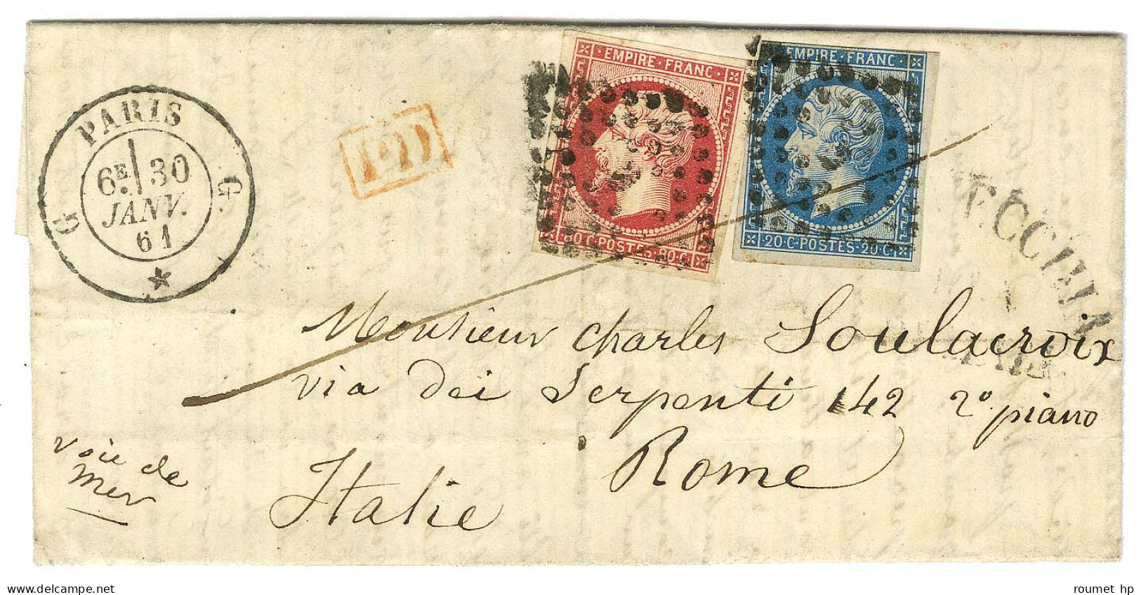 Losange G / N° 14 (leg Def) + 17 Càd G PARIS G Sur Lettre Pour Rome. 1861. - TB / SUP. - 1853-1860 Napoleon III