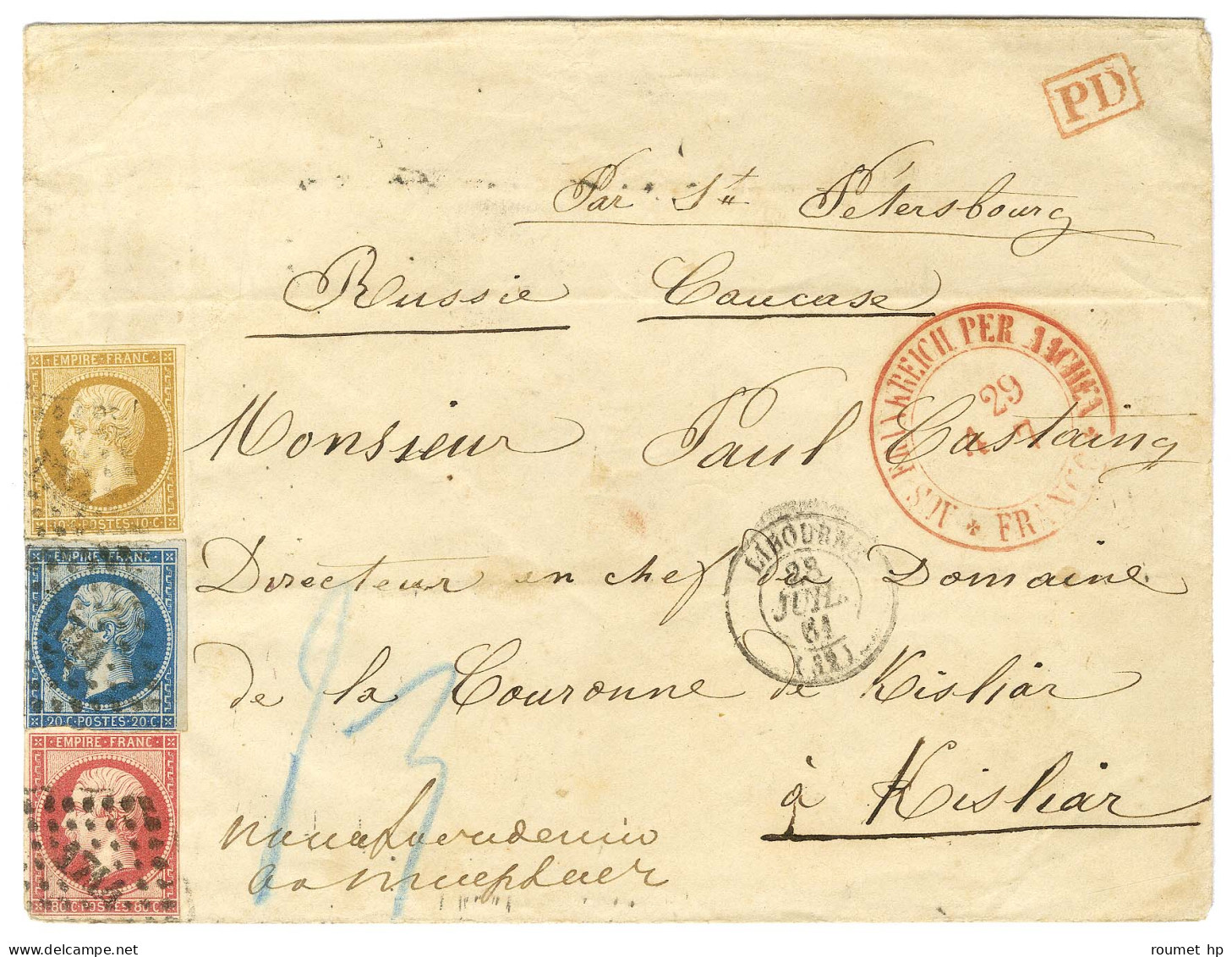 PC 1714 / N° 13 (filet Effleuré) + 14 (leg Def) + 17 Càd T 15 LIBOURNE (32) Sur Lettre Pour Kisliar (Caucase). 1861. - T - 1853-1860 Napoleon III