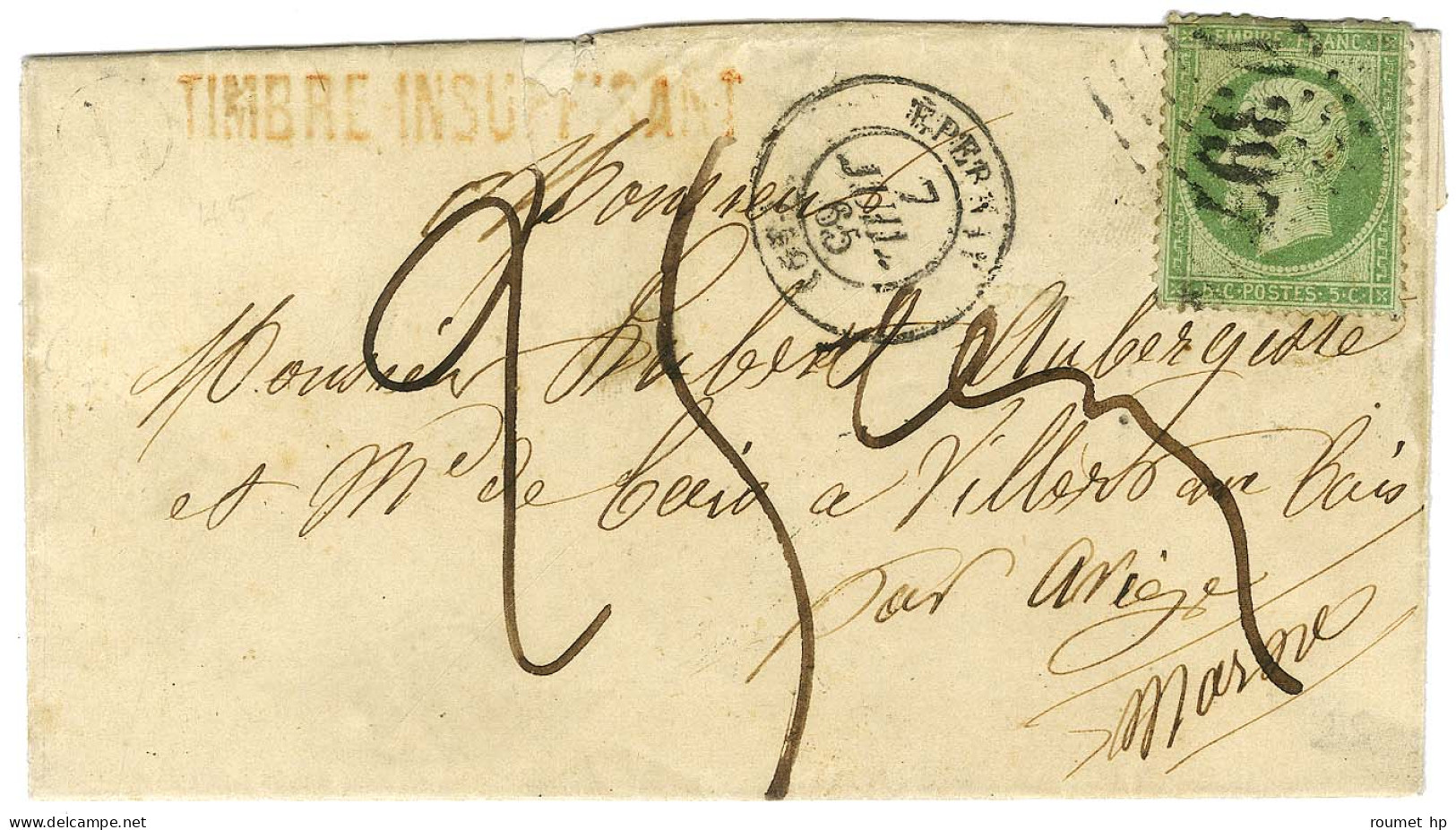 GC 1397 / N° 20 Càd T 15 ÉPERNAY (39) Sur Lettre Insuffisamment Affranchie Pour Avize, Au Recto Griffe Rouge Locale TIMB - 1862 Napoléon III.