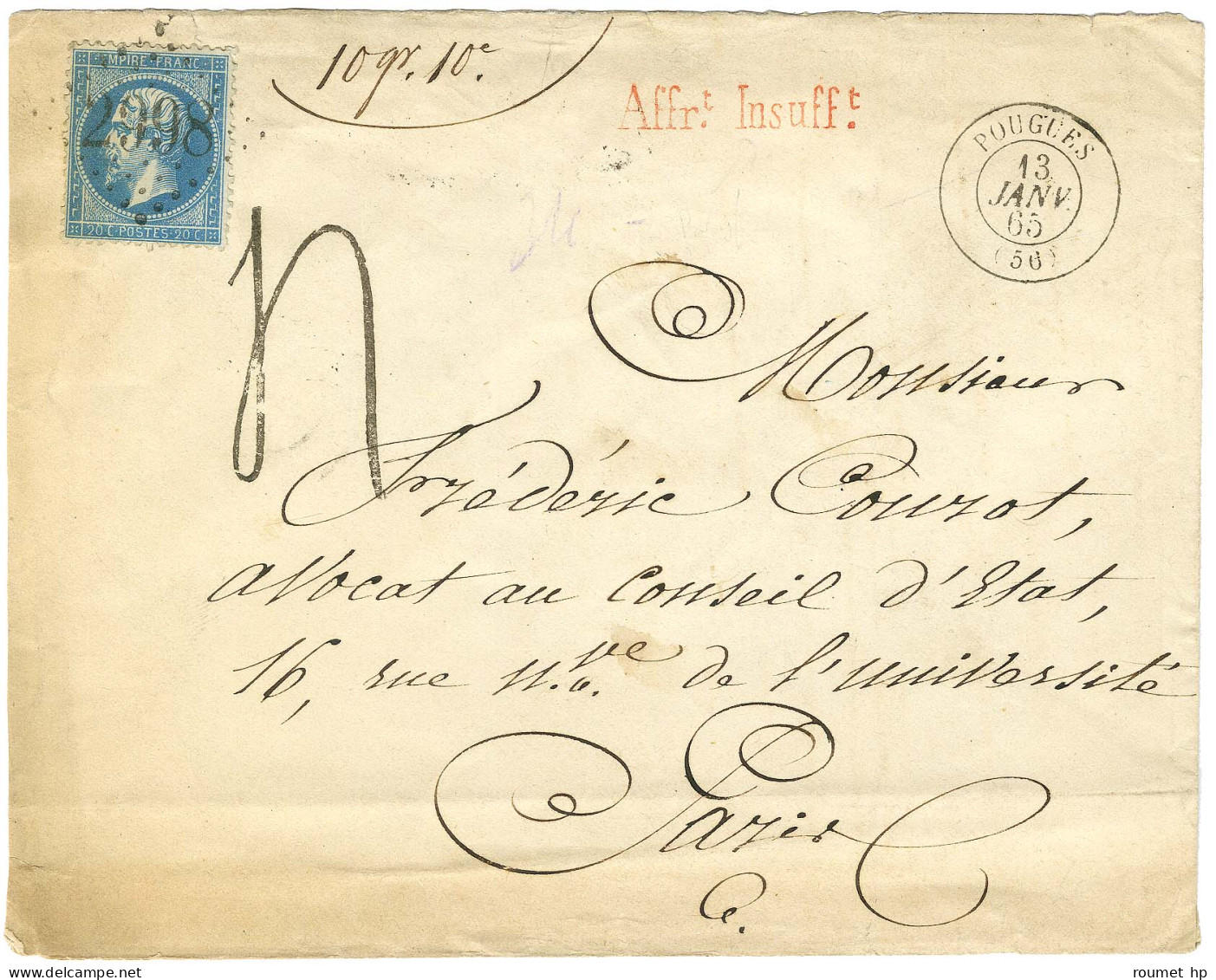 GC 2998 / N° 22 Càd T 15 POUGUES (56) Sur Lettre 2 Ports Insuffisamment Affranchie Pour Paris. Au Recto, Griffe Locale A - 1862 Napoléon III