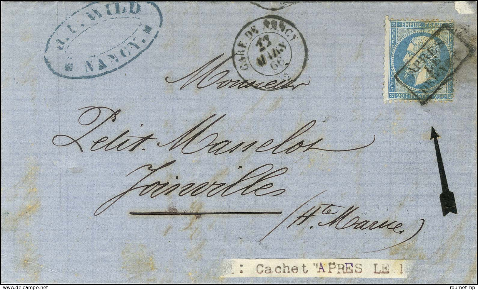 Griffe Encadrée APRÈS / LE / DÉPART / N° 22, à Côté Càd T 15 GARE DE NANCY 52 Sur Lettre Pour Joinville (Haute-Marne). 1 - 1862 Napoléon III.